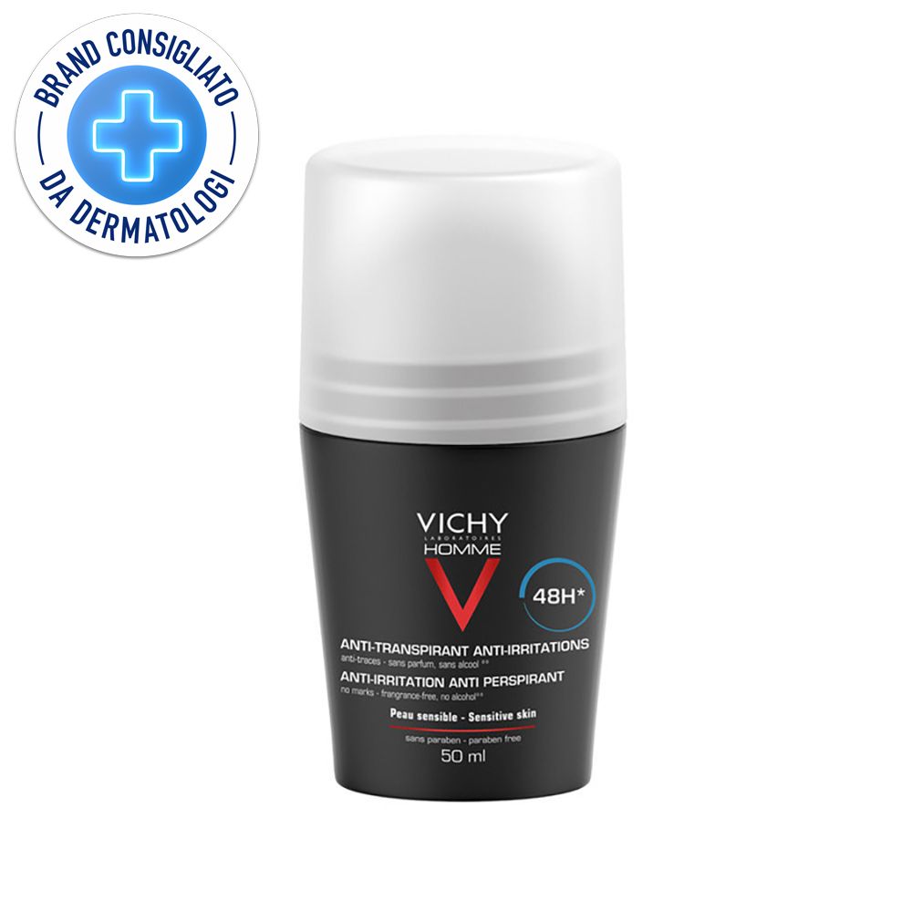 Deo-Roller mit weißem Deckel und schwarzem Behälter. Aufschrift: VICHY Homme, Anti-Transpirant, 48h.