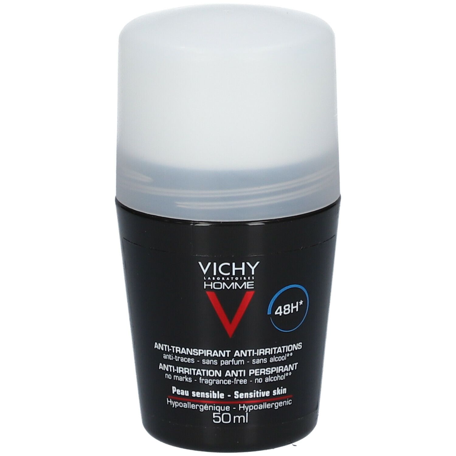 Deo-Roller mit weißem Deckel und schwarzem Behälter. Aufschrift: VICHY Homme, Anti-Transpirant, 48h.
