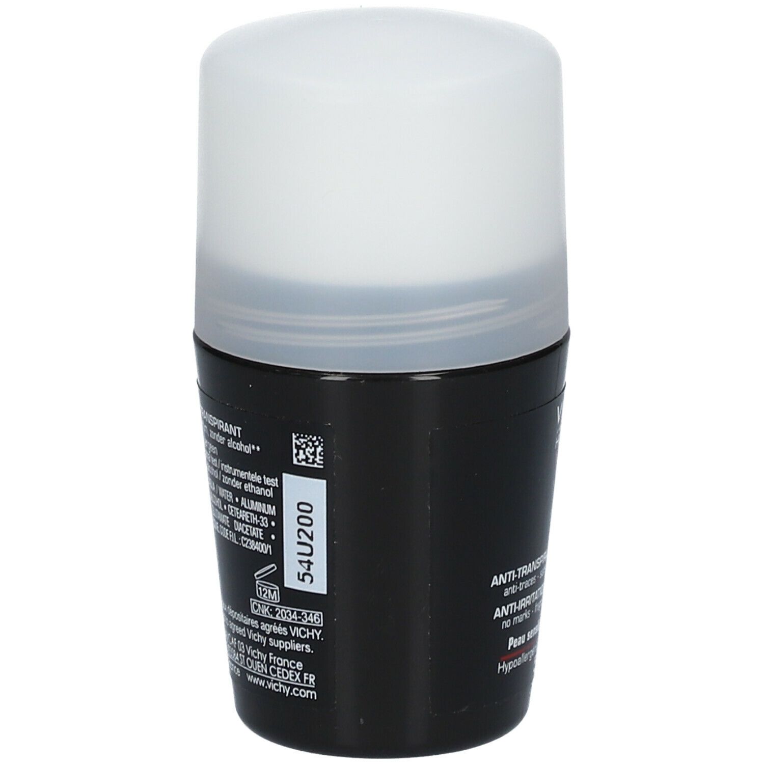 Deo-Roller mit weißem Deckel und schwarzem Behälter. Aufschrift: VICHY Homme, Anti-Transpirant, 48h.