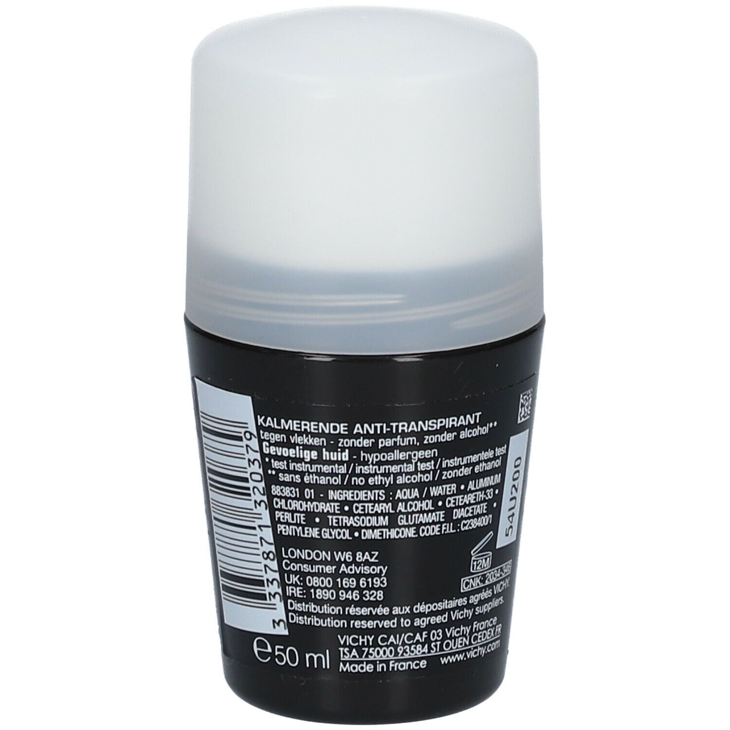Deo-Roller mit weißem Deckel und schwarzem Behälter. Aufschrift: VICHY Homme, Anti-Transpirant, 48h.