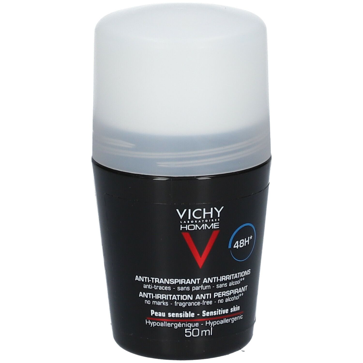 Deo-Roller mit weißem Deckel und schwarzem Behälter. Aufschrift: VICHY Homme, Anti-Transpirant, 48h.