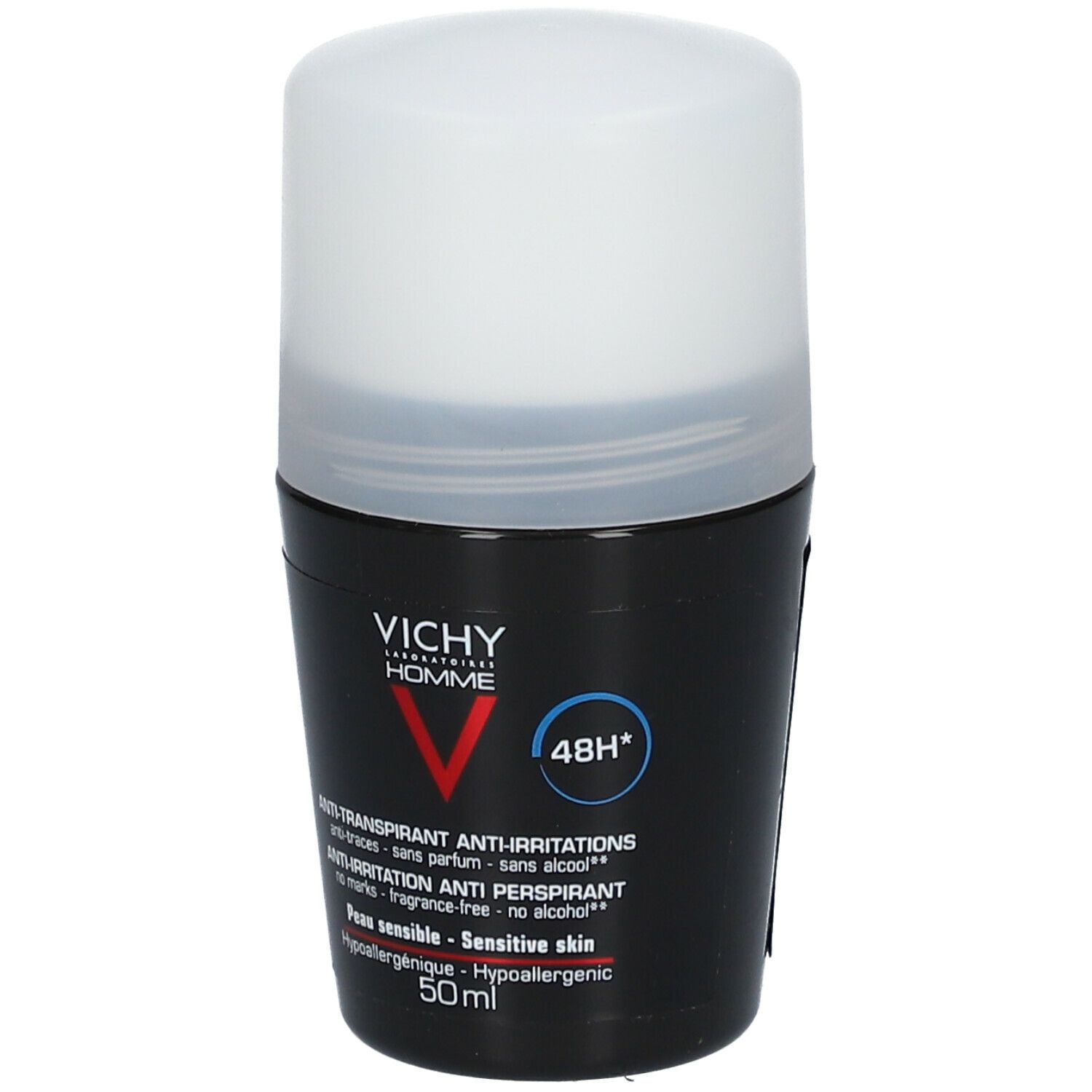 Deo-Roller mit weißem Deckel und schwarzem Behälter. Aufschrift: VICHY Homme, Anti-Transpirant, 48h.