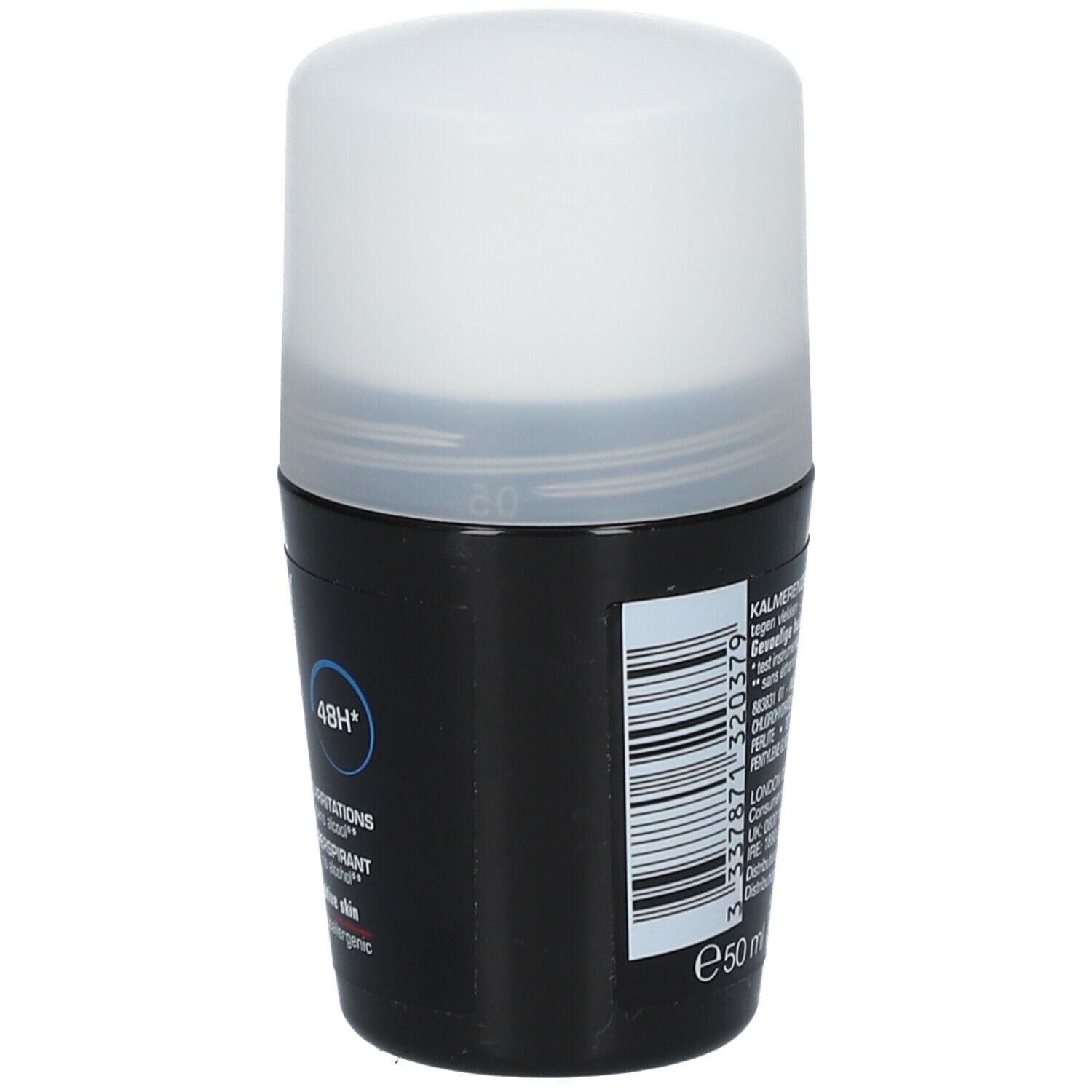 Deo-Roller mit weißem Deckel und schwarzem Behälter. Aufschrift: VICHY Homme, Anti-Transpirant, 48h.
