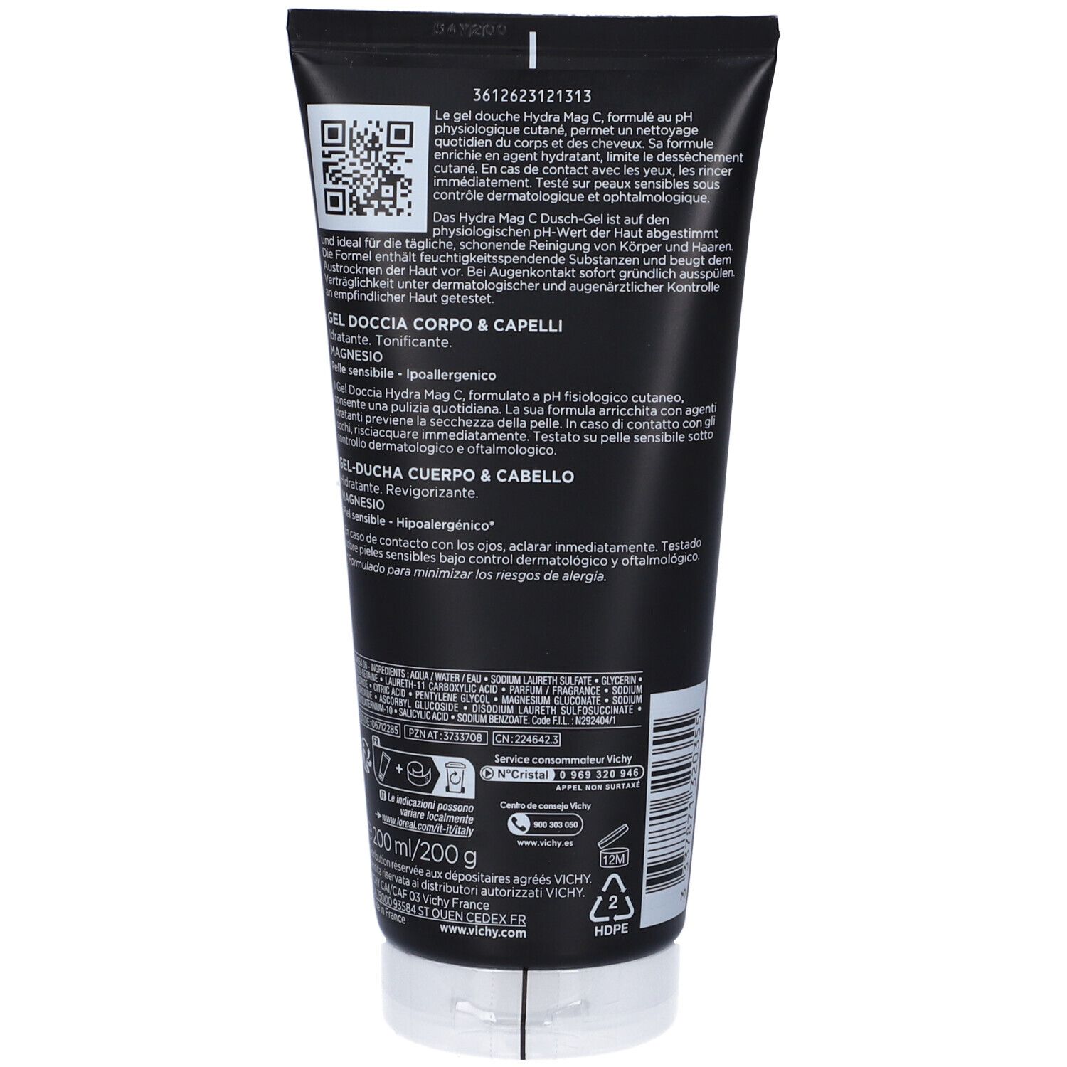 Rückseite der schwarzen Tube. Text in Deutsch, Französisch, Italienisch und Spanisch. QR-Code. 200 ml/200 g. Weiße Schrift.