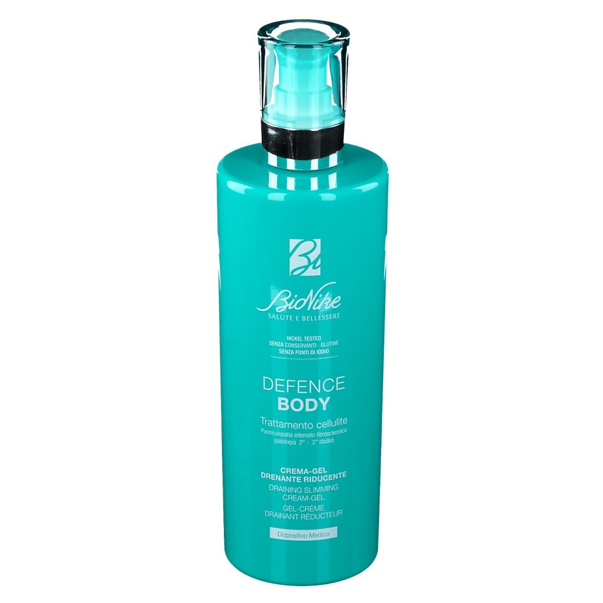 Flacon turquoise avec pompe. Inscription : Defence Body, crème-gel drainant, amincissant. Marque : BioNike.