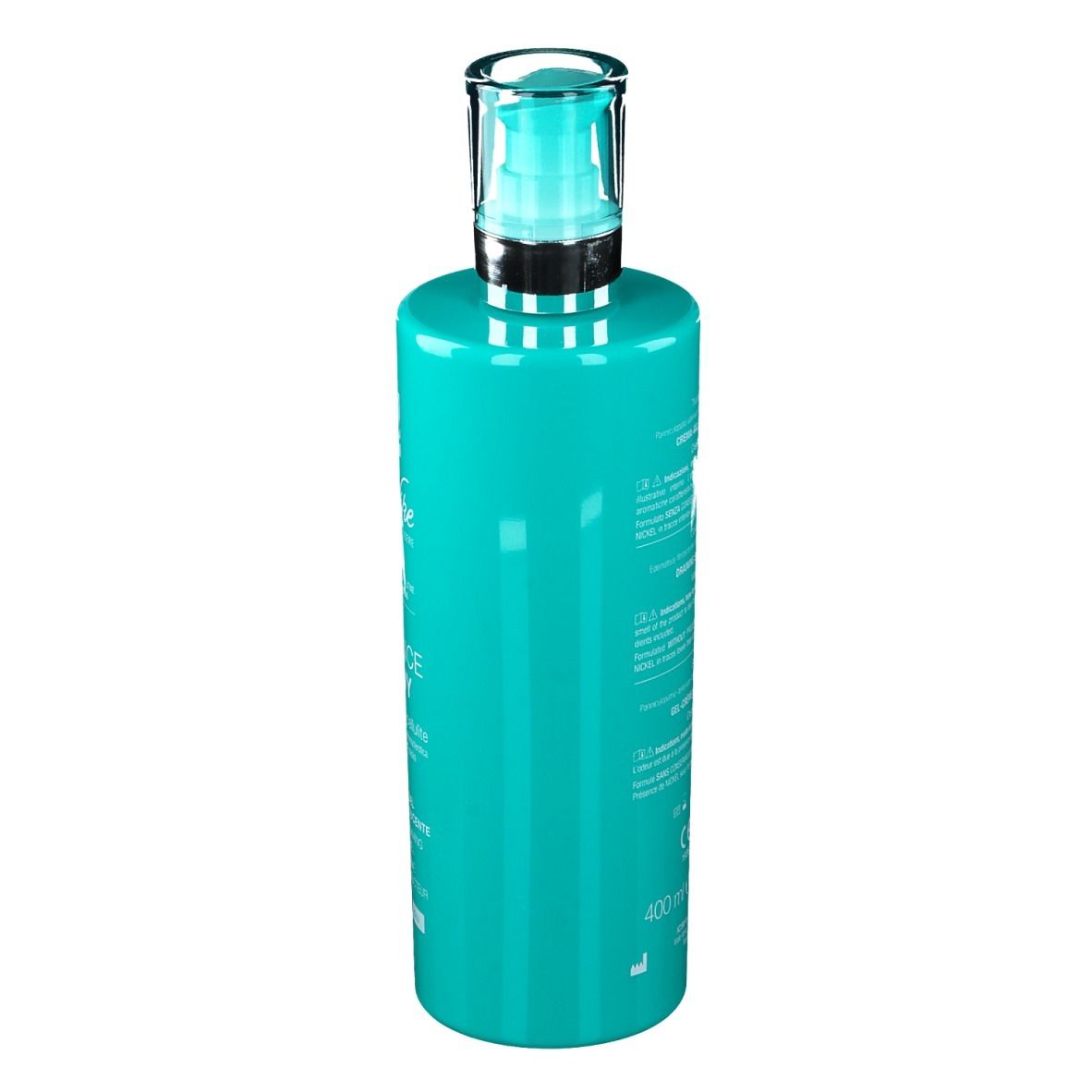Flacon turquoise avec pompe, dos avec texte. Inscription : 400 ml, marquage CE. Marque : BioNike.