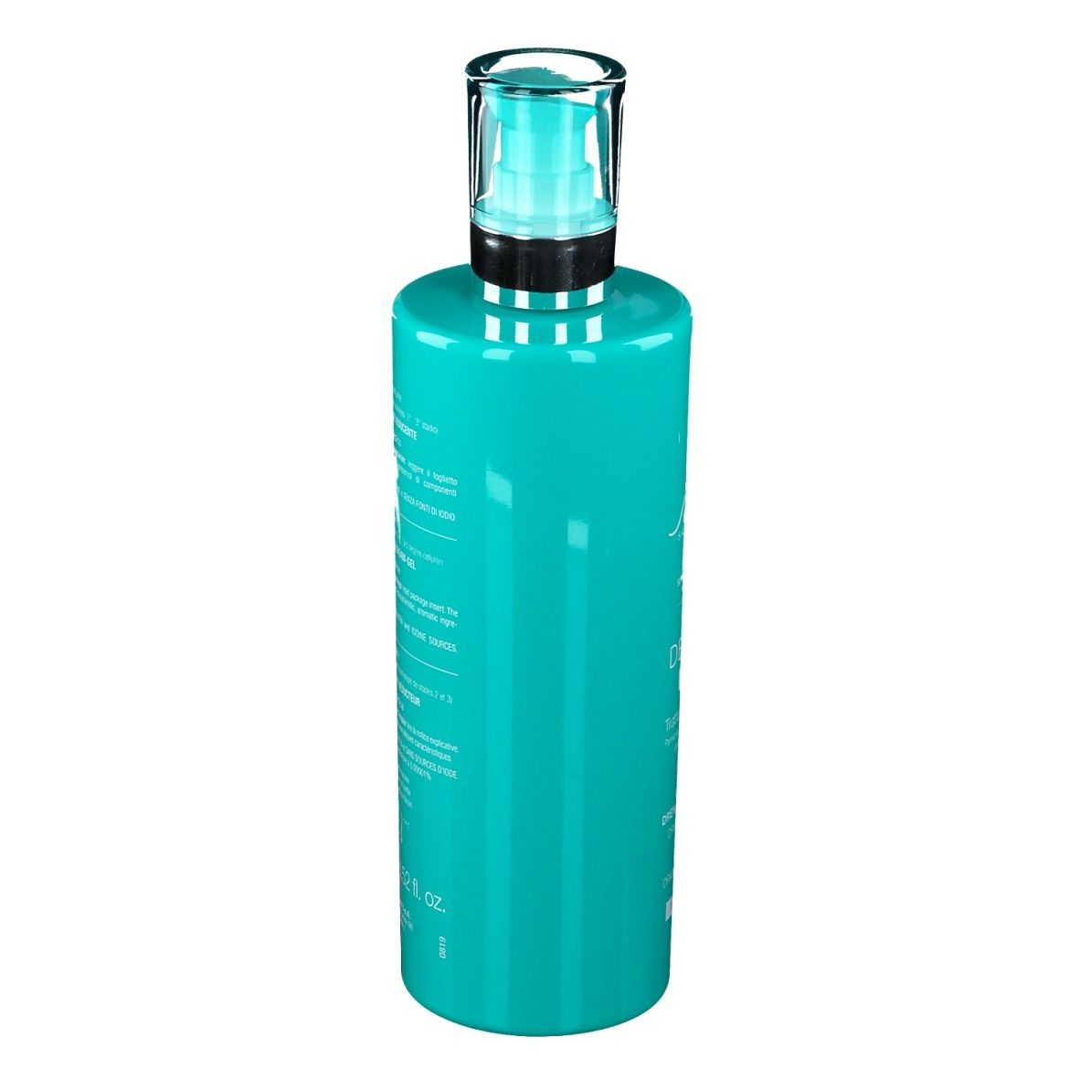 Flacon turquoise avec pompe, dos avec texte. Inscription : 400 ml, marquage CE. Marque : BioNike.