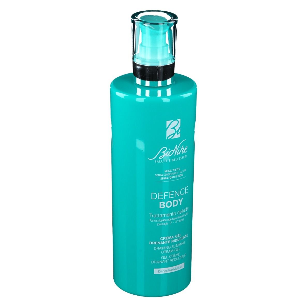 Flacon turquoise avec pompe. Inscription : Defence Body, crème-gel drainant, amincissant. Marque : BioNike.