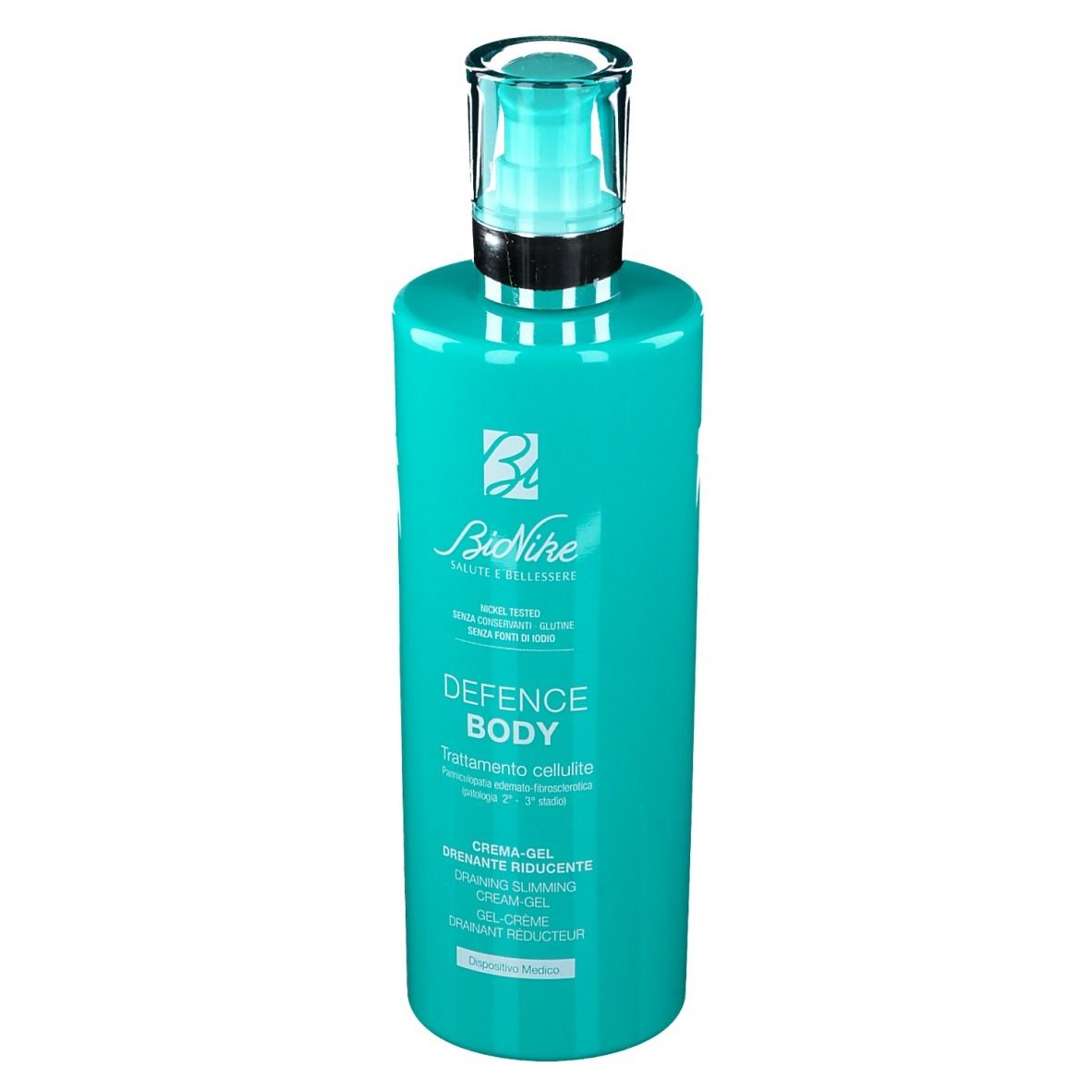 Flacon turquoise avec pompe. Inscription : Defence Body, crème-gel drainant, amincissant. Marque : BioNike.
