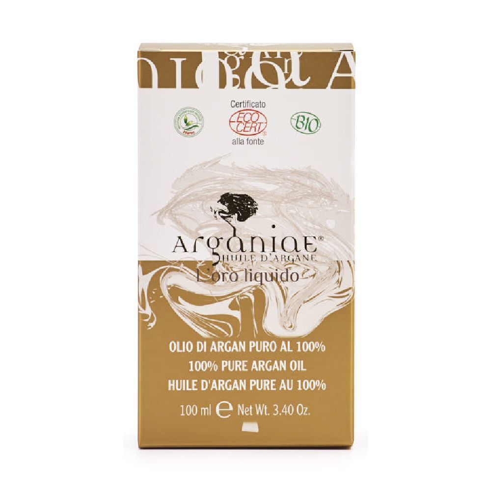 Scatola di Olio d'Argan puro. Certificazioni: Eco Cert, Bio. Scritta: Arganiae, Oro liquido, 100% olio di argan puro.