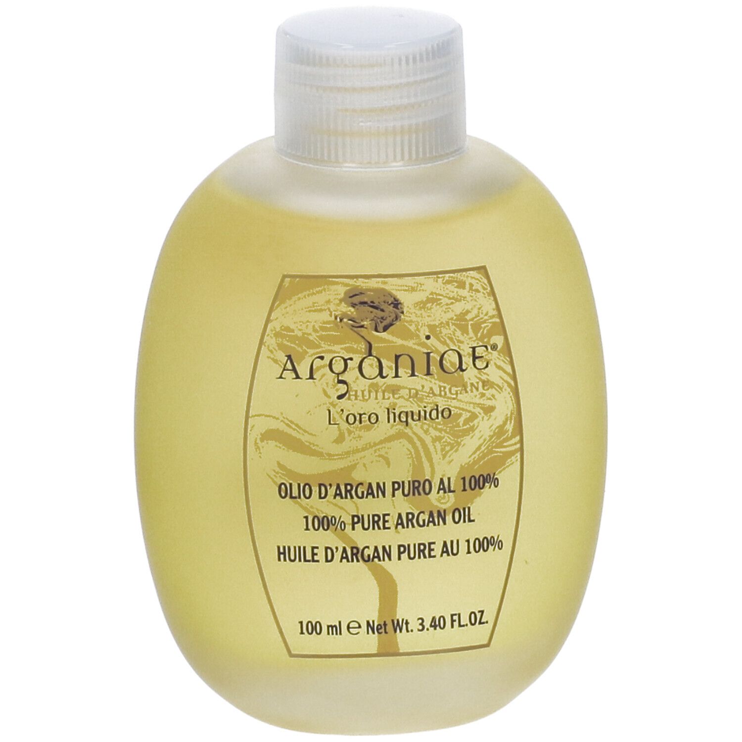 Flacone di Olio d'Argan puro. Bottiglia ovale gialla con tappo bianco. Scritta: Arganiae, Oro liquido, 100% olio di argan puro.