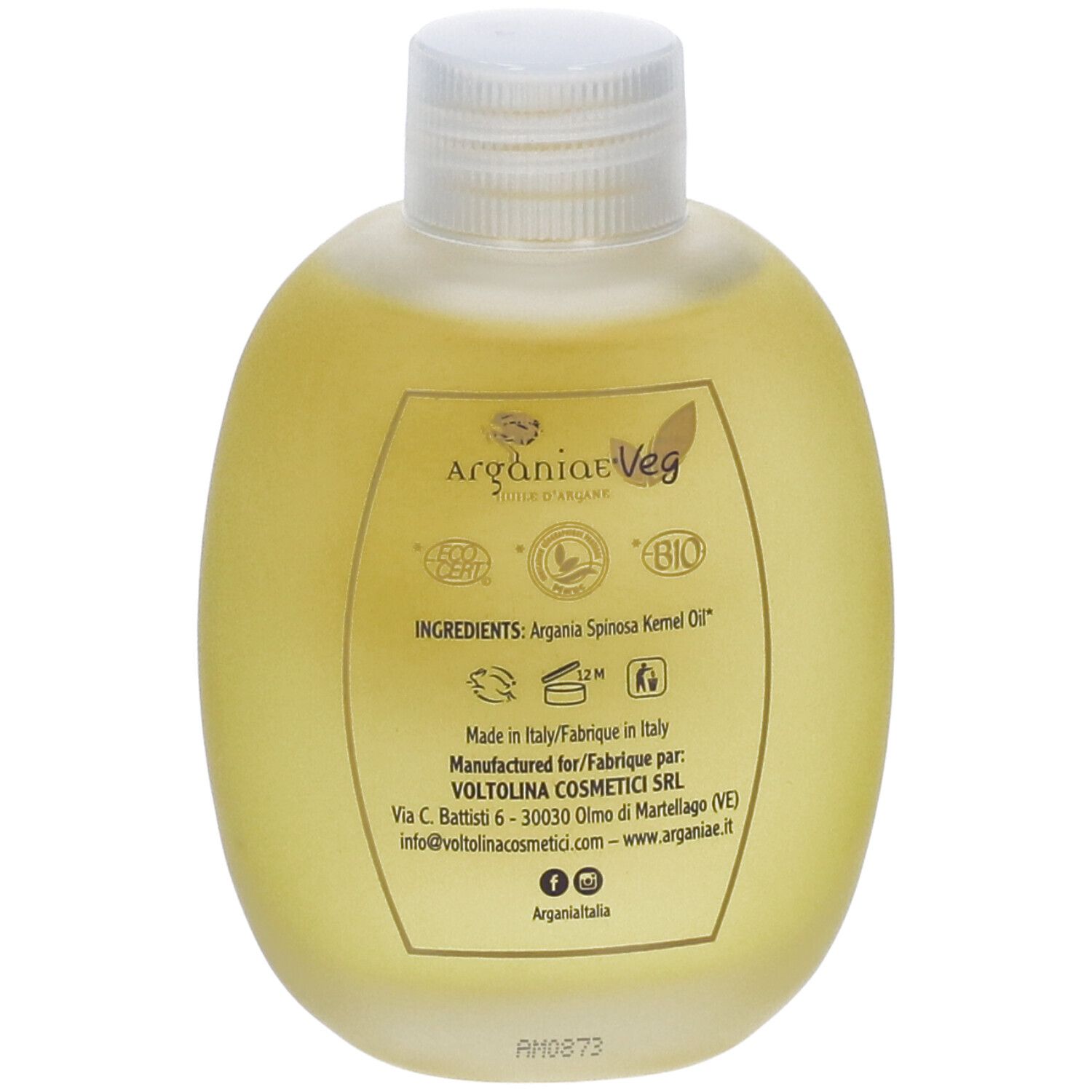 Retro del flacone di Olio d'Argan puro. Ingredienti, informazioni produttore, certificazione bio. Scritta: Arganiae, Veg.