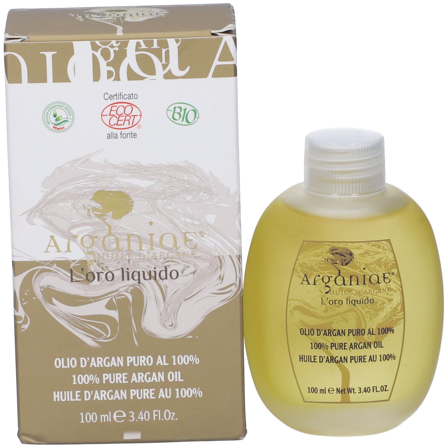 Flacone e scatola di Olio d'Argan puro. Flacone giallo, scatola bianco-oro. Scritta: Arganiae, Oro liquido, 100% olio di argan puro.
