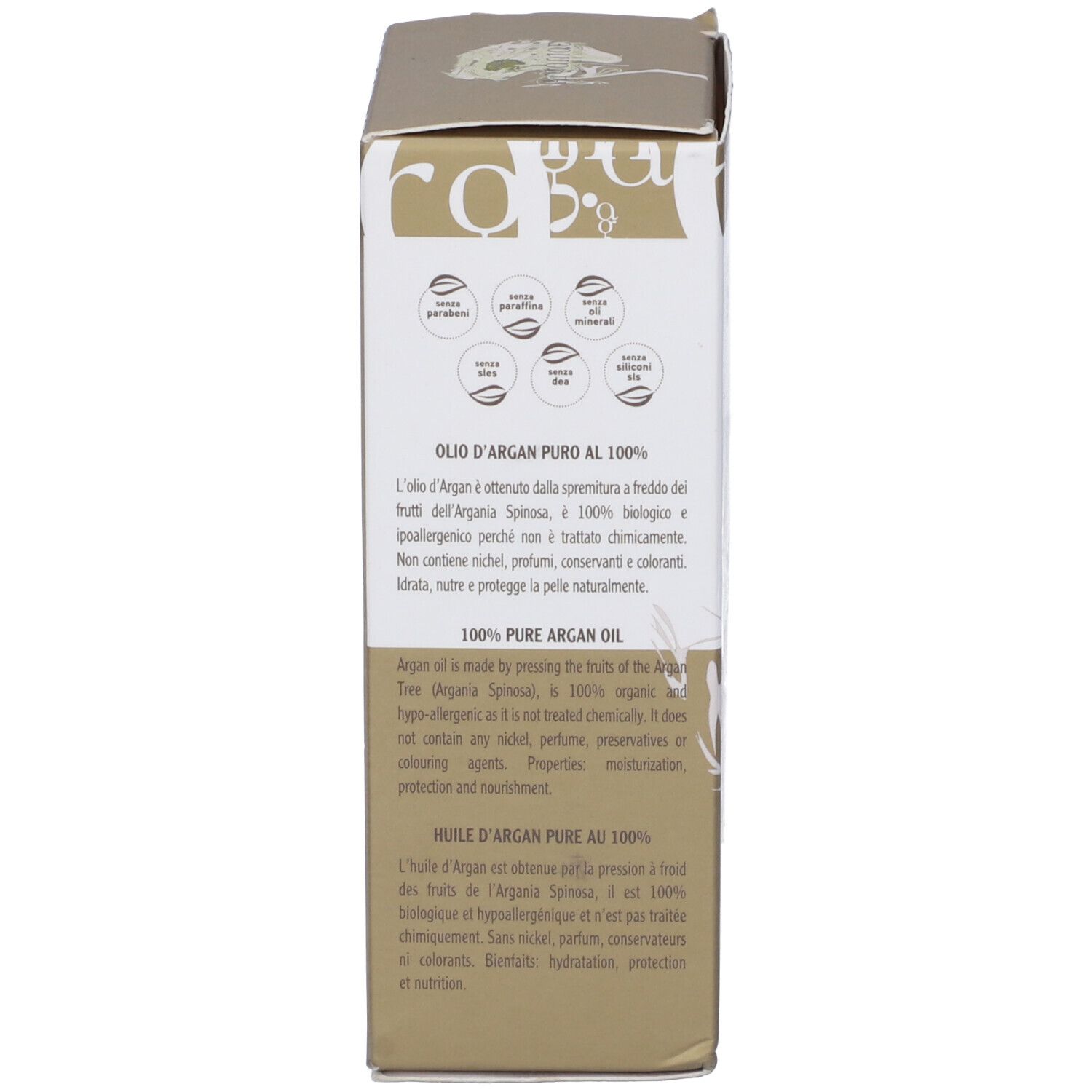 Lato della scatola di Olio d'Argan puro. Testo sugli ingredienti, proprietà. Scritta: Olio d'Argan puro, 100% olio di argan puro.