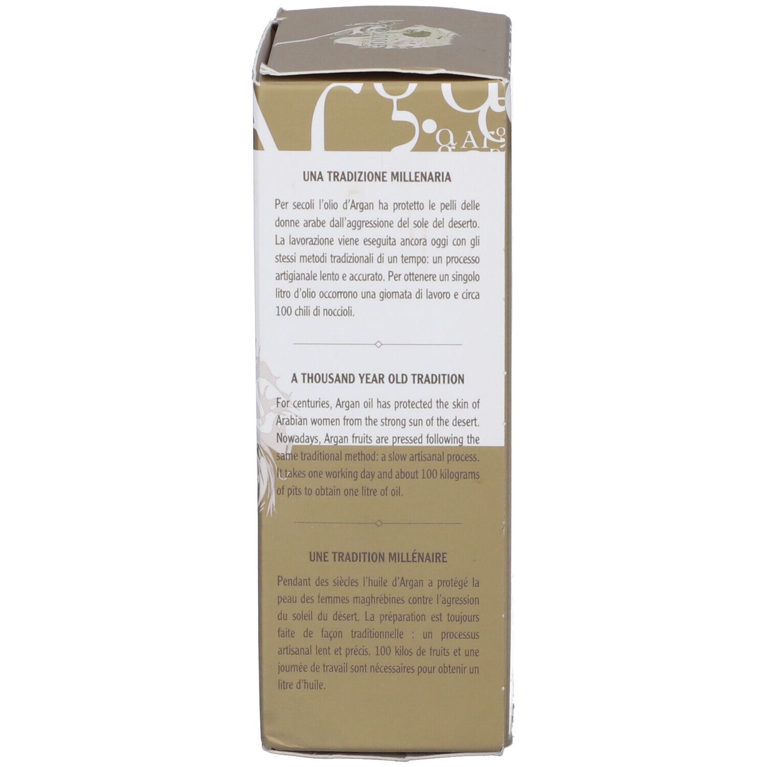 Lato della scatola di Olio d'Argan puro. Testo sulla tradizione, produzione. Scritta: Una tradizione millenaria.