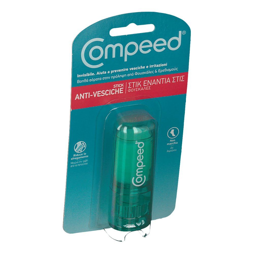 Compeed® Anti-Blister-Stick in Blisterverpackung. Grüner Stick in transparenter Hülle. Produktname und Logo auf der Verpackung.