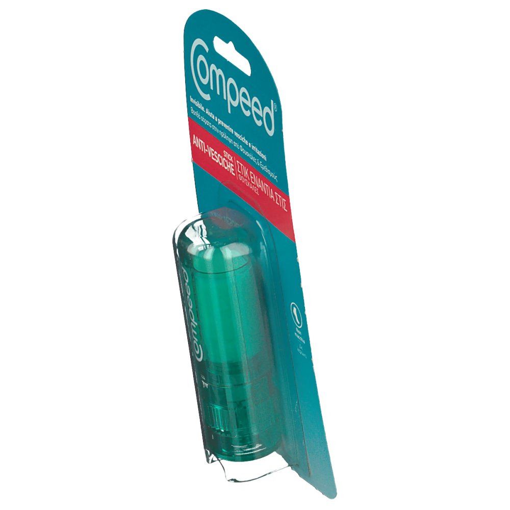 Compeed® Anti-Blister-Stick in Blisterverpackung. Grüner Stick in transparenter Hülle. Perspektivische Ansicht.
