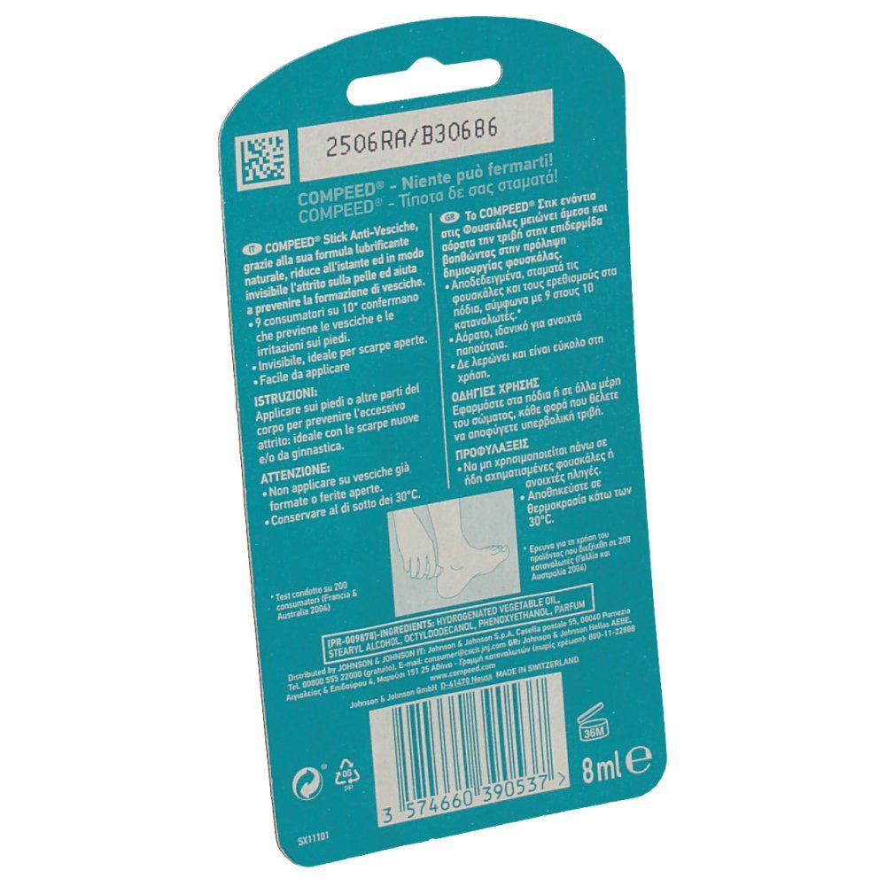 Rückseite der Compeed® Anti-Blister-Stick Verpackung. Text in mehreren Sprachen. Produktinformationen und Barcode.