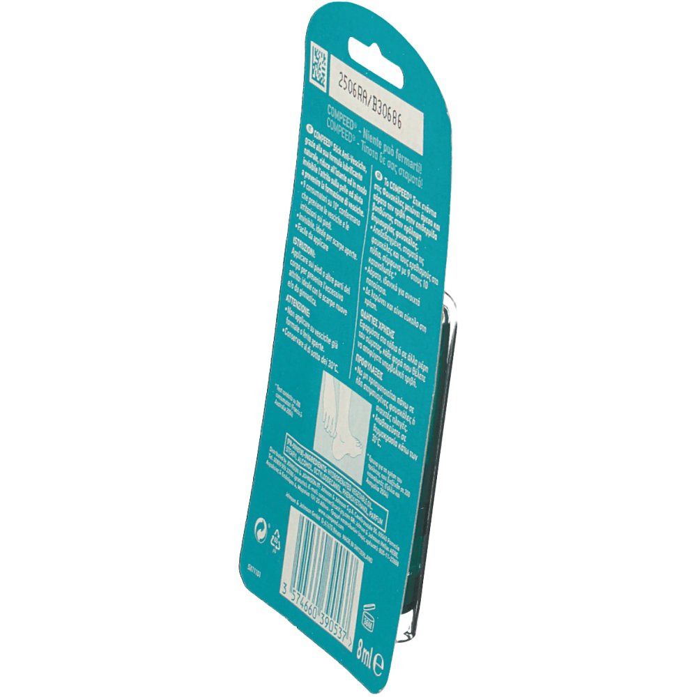Rückseite der Compeed® Anti-Blister-Stick Verpackung. Text in mehreren Sprachen. Perspektivische Ansicht.