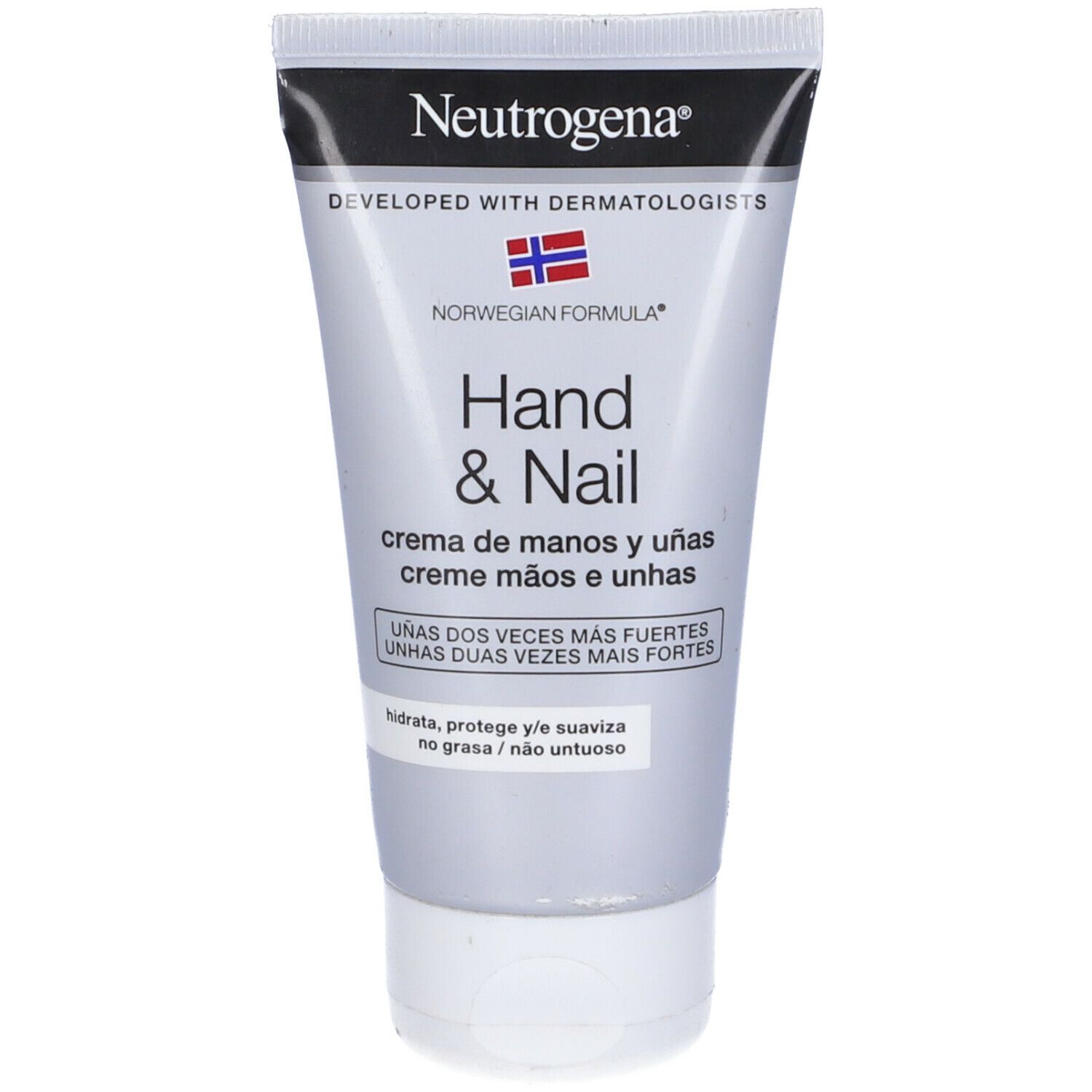Tubo crema bianco e grigio con logo e nome prodotto. Formula norvegese.