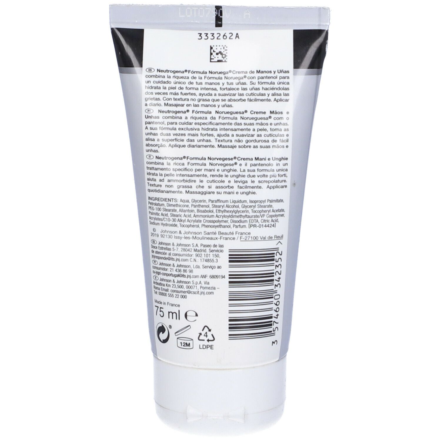 Retro del tubetto di crema. Contiene informazioni sul prodotto, ingredienti e produttore.