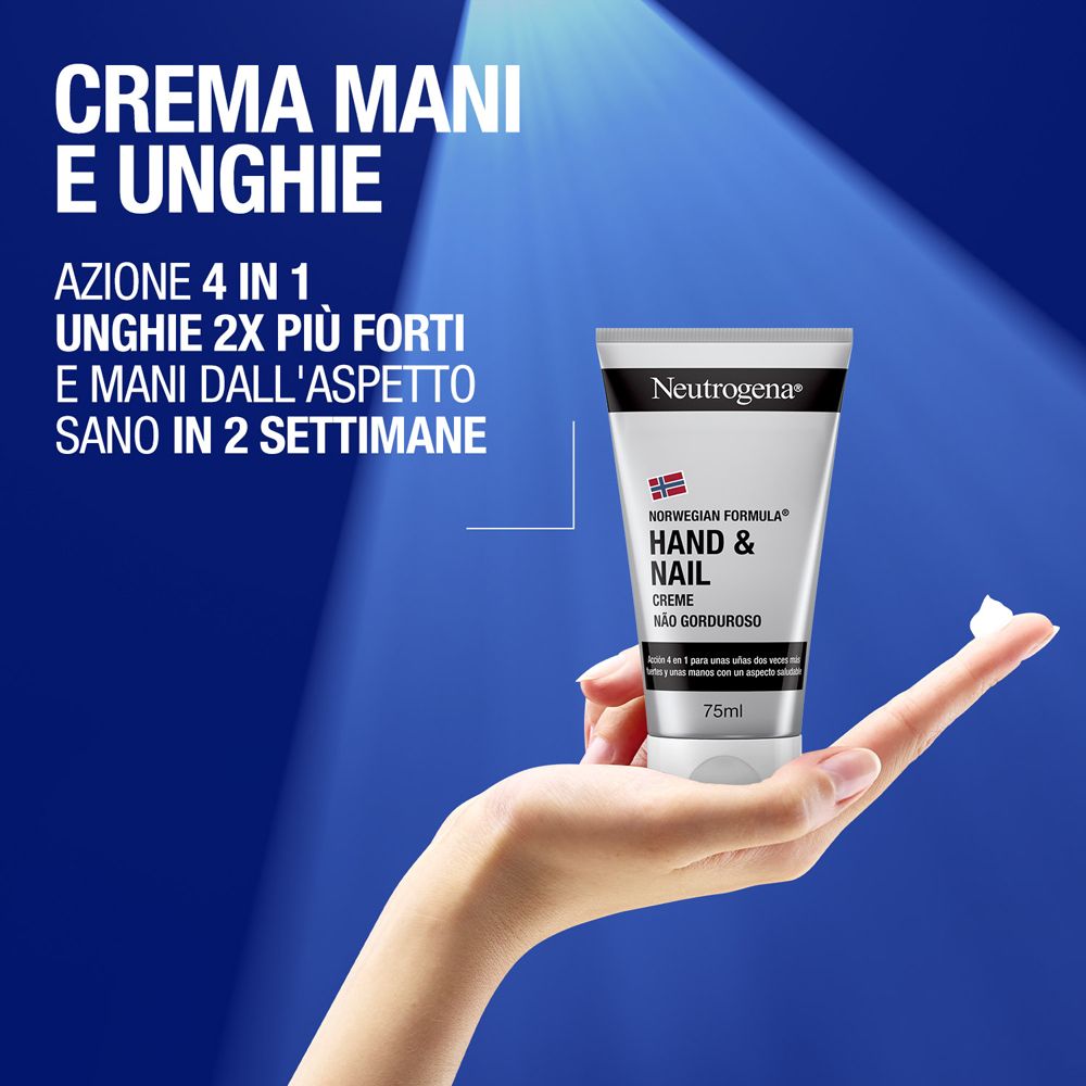 Mano che tiene un tubetto di crema. Nome del prodotto e logo visibili. Sfondo blu.