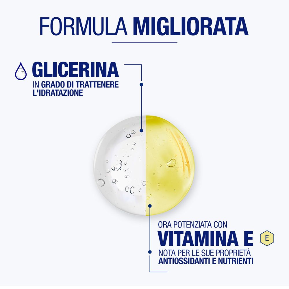 Primo piano sugli ingredienti della crema. Glicerina e vitamina E in evidenza.