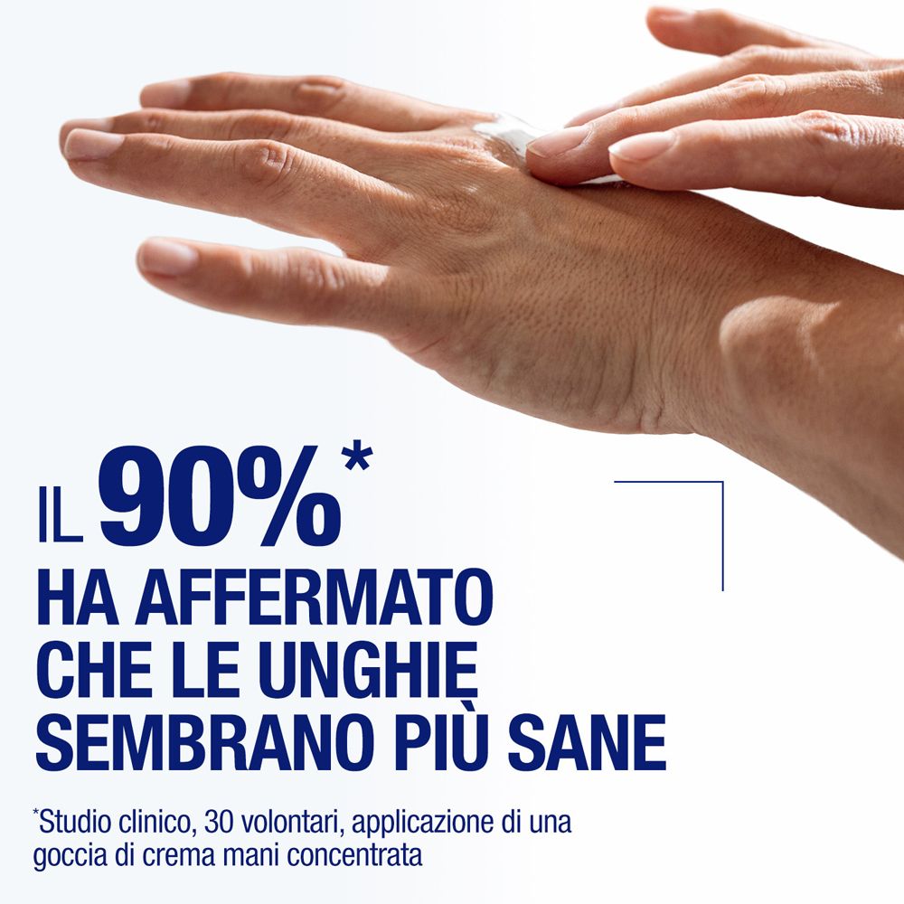 Mano che applica la crema. Testo: il 90% ha affermato che le unghie sembrano più sane.