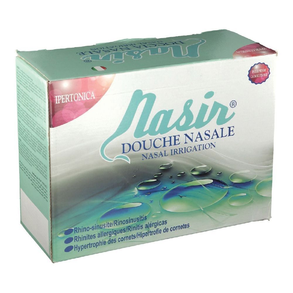 Nasir® Nasendusche-Verpackung. Türkis-weiß, mit Produktnamen und Anwendungsbereichen. Ipertonica-Logo.