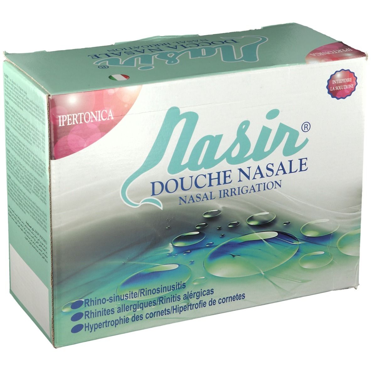 Nasir® Nasendusche-Verpackung. Türkis-weiß, Produktname und Indikationen. Ipertonica-Logo.