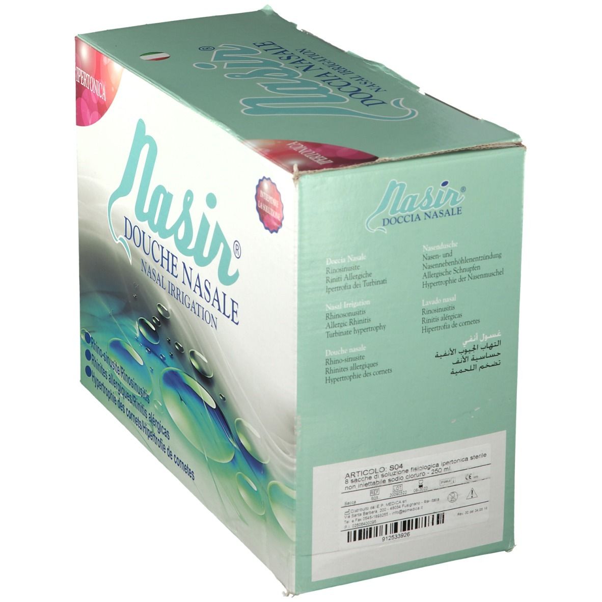 Nasir® Nasendusche-Verpackung, schräg. Türkis-weiß, Produktname und Indikationen. Rückseite mit Text.