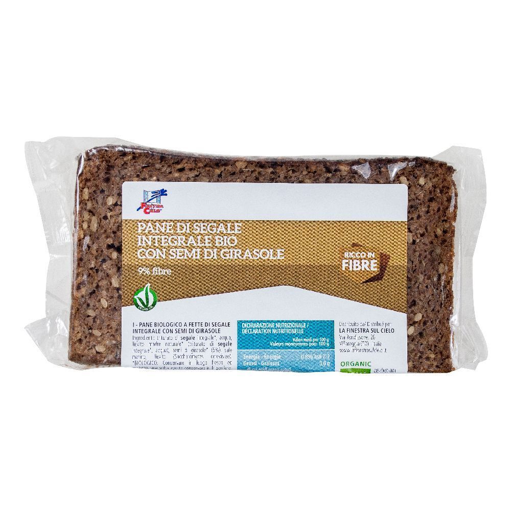 Pane di segale confezionato con semi di girasole. Etichetta con testo e logo. Certificazione bio.