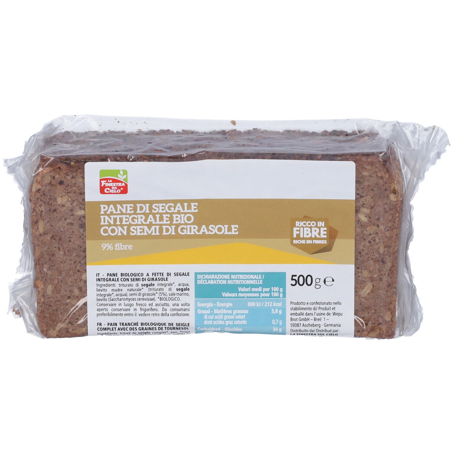 Pane di segale confezionato con semi di girasole. Etichetta, testo e logo. 500g. Certificazione bio.