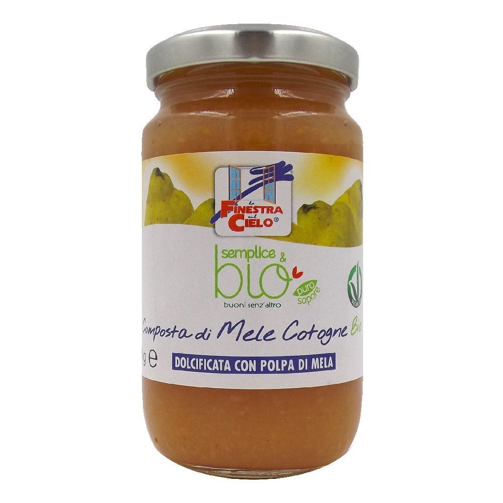 Vasetto di composta di mele cotogne. Etichetta con logo, scritta 'semplice & bio' e 'Composta di Mele Cotogne Bio'.