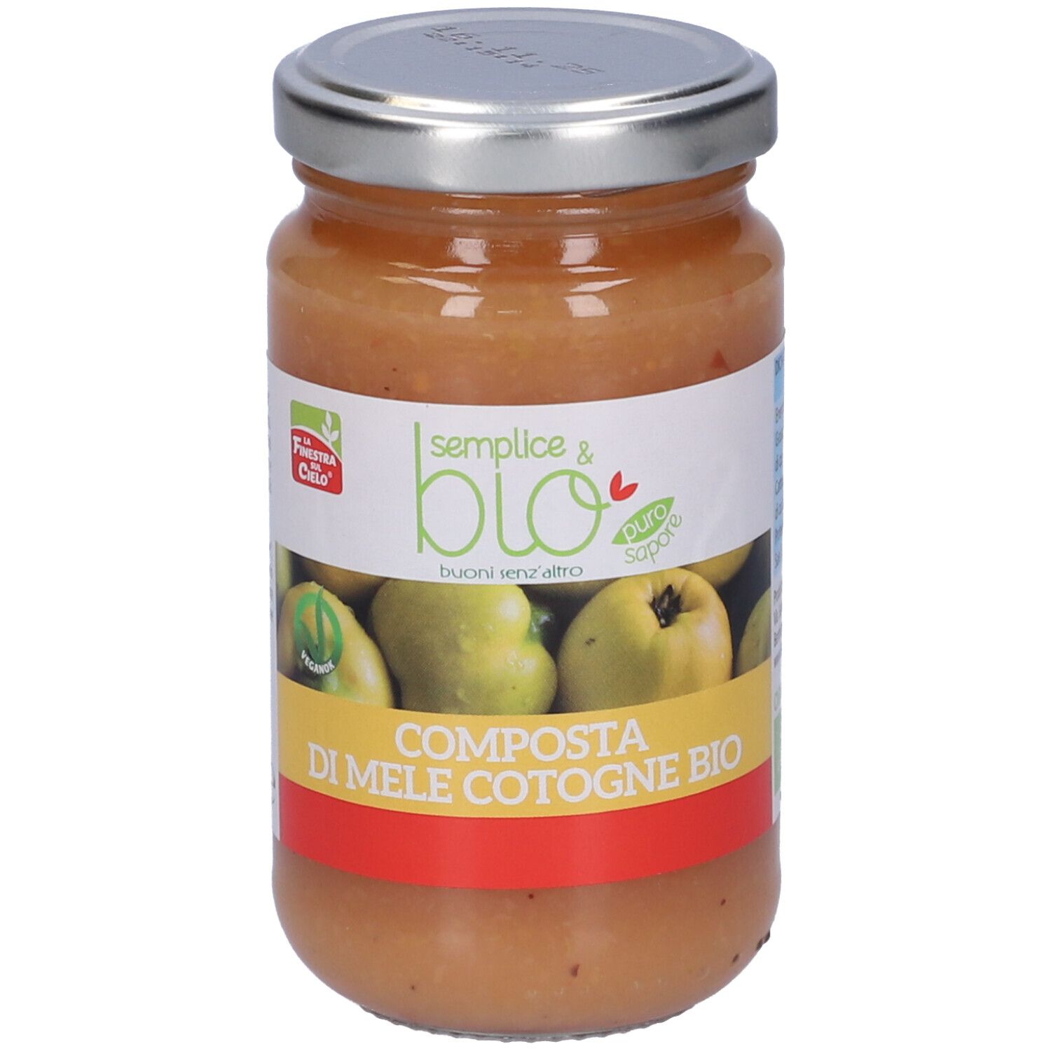 Vasetto di composta di mele cotogne. Etichetta con logo, scritta 'semplice & bio' e 'Composta di Mele Cotogne Bio'.