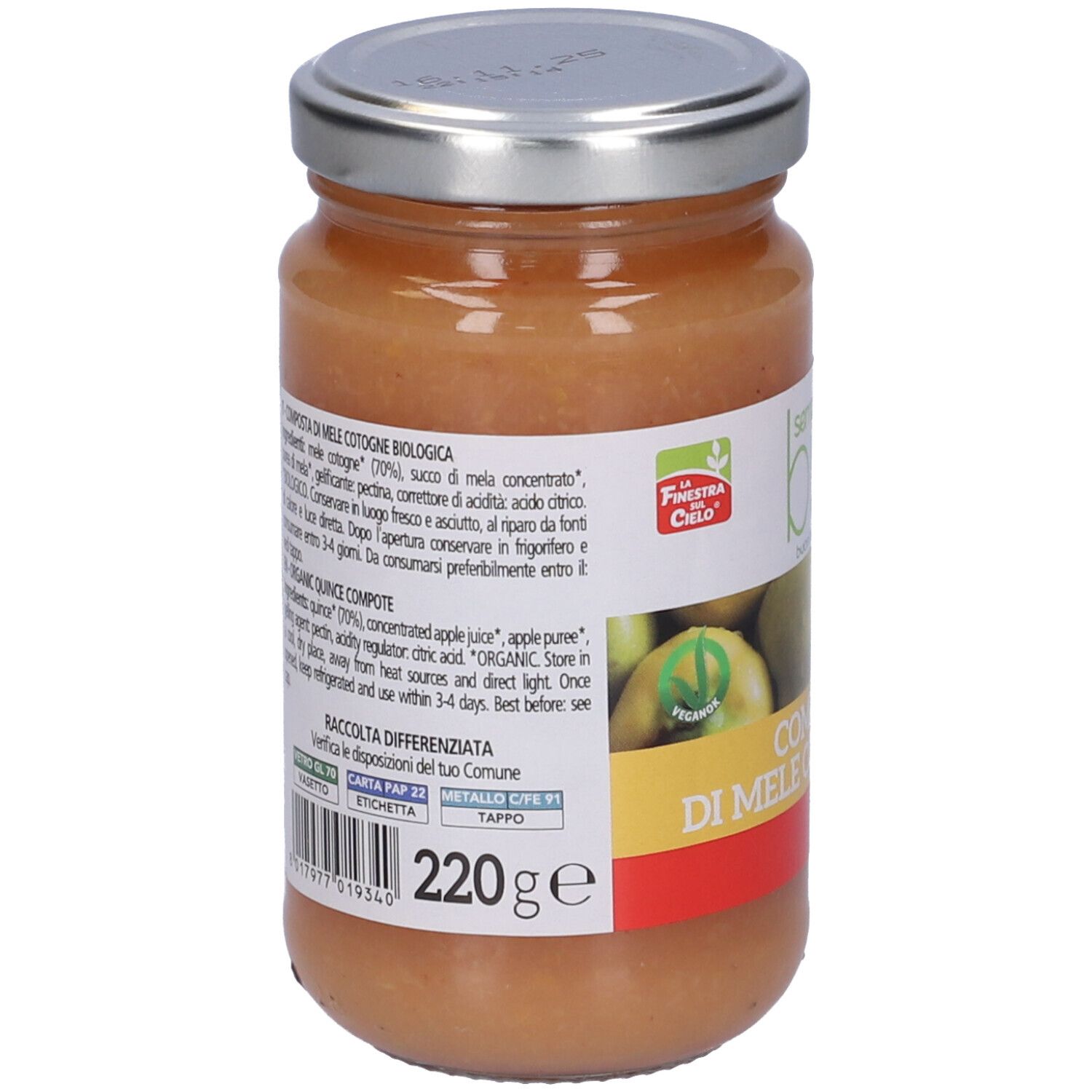 Vasetto di composta di mele cotogne. Retro con elenco ingredienti e valori nutrizionali. 220g.