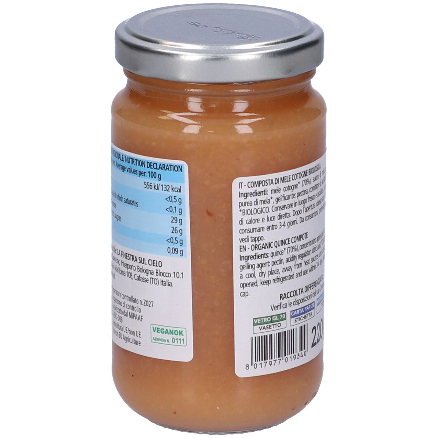 Vasetto di composta di mele cotogne. Retro con valori nutrizionali e informazioni produttore. Logo vegano.