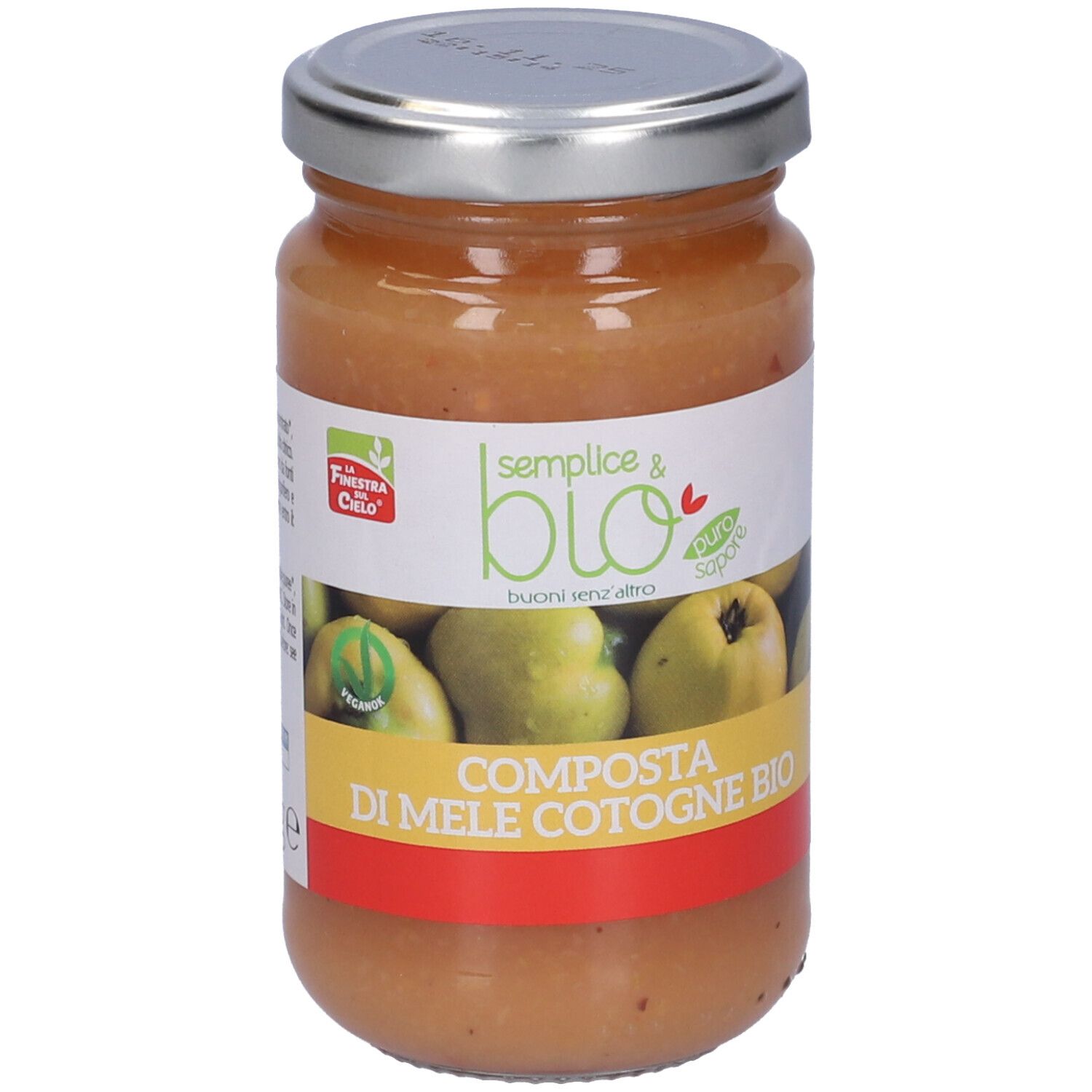 Vasetto di composta di mele cotogne. Etichetta con logo, scritta 'semplice & bio' e 'Composta di Mele Cotogne Bio'.