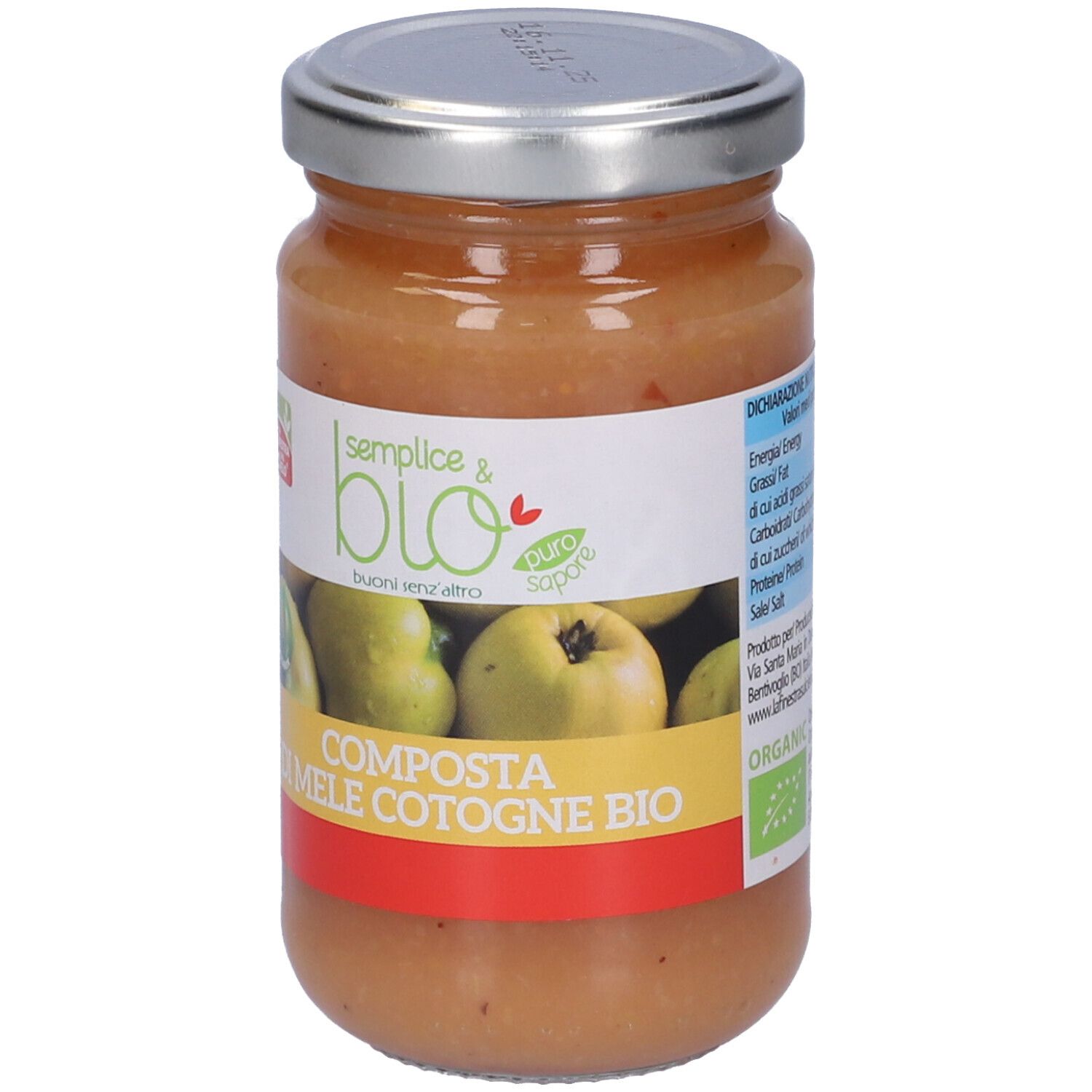 Vasetto di composta di mele cotogne. Etichetta con logo, scritta 'semplice & bio' e 'Composta di Mele Cotogne Bio'.
