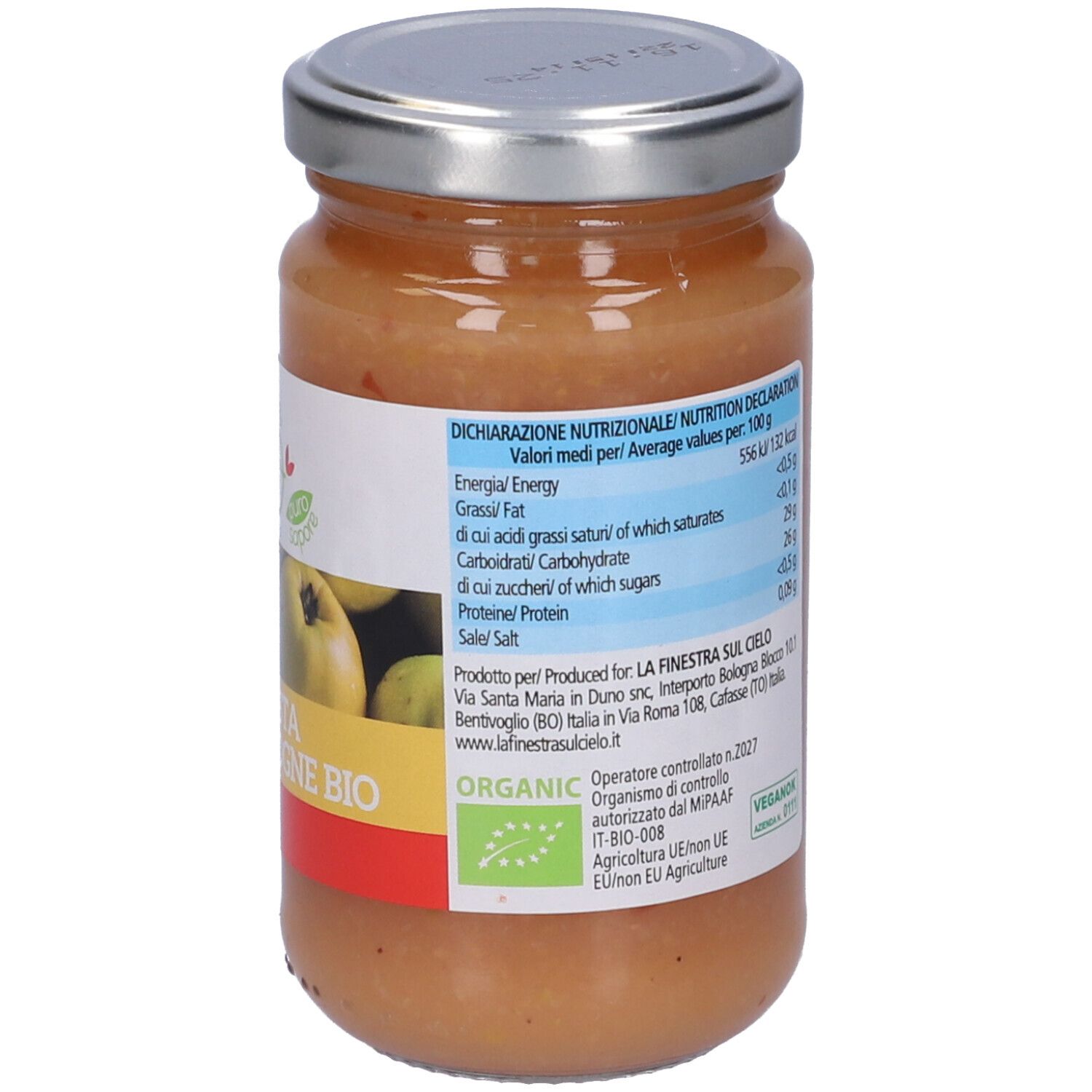 Vasetto di composta di mele cotogne. Retro con valori nutrizionali, produttore e logo bio.