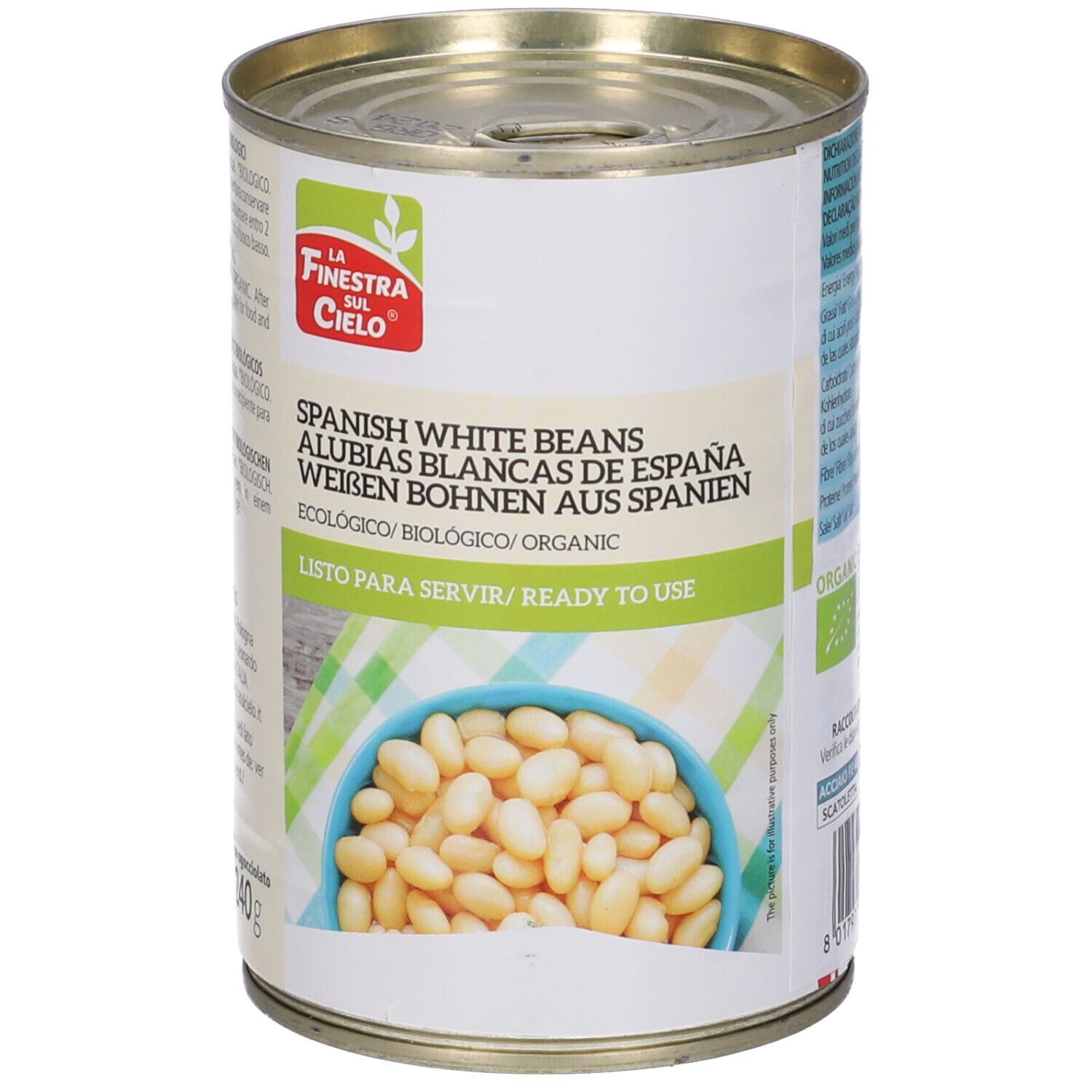 Lattina di fagioli bianchi. Scritta: Spanish white beans, Alubias blancas de España, Weiben Bohnen aus Spanien. Sigillo biologico.