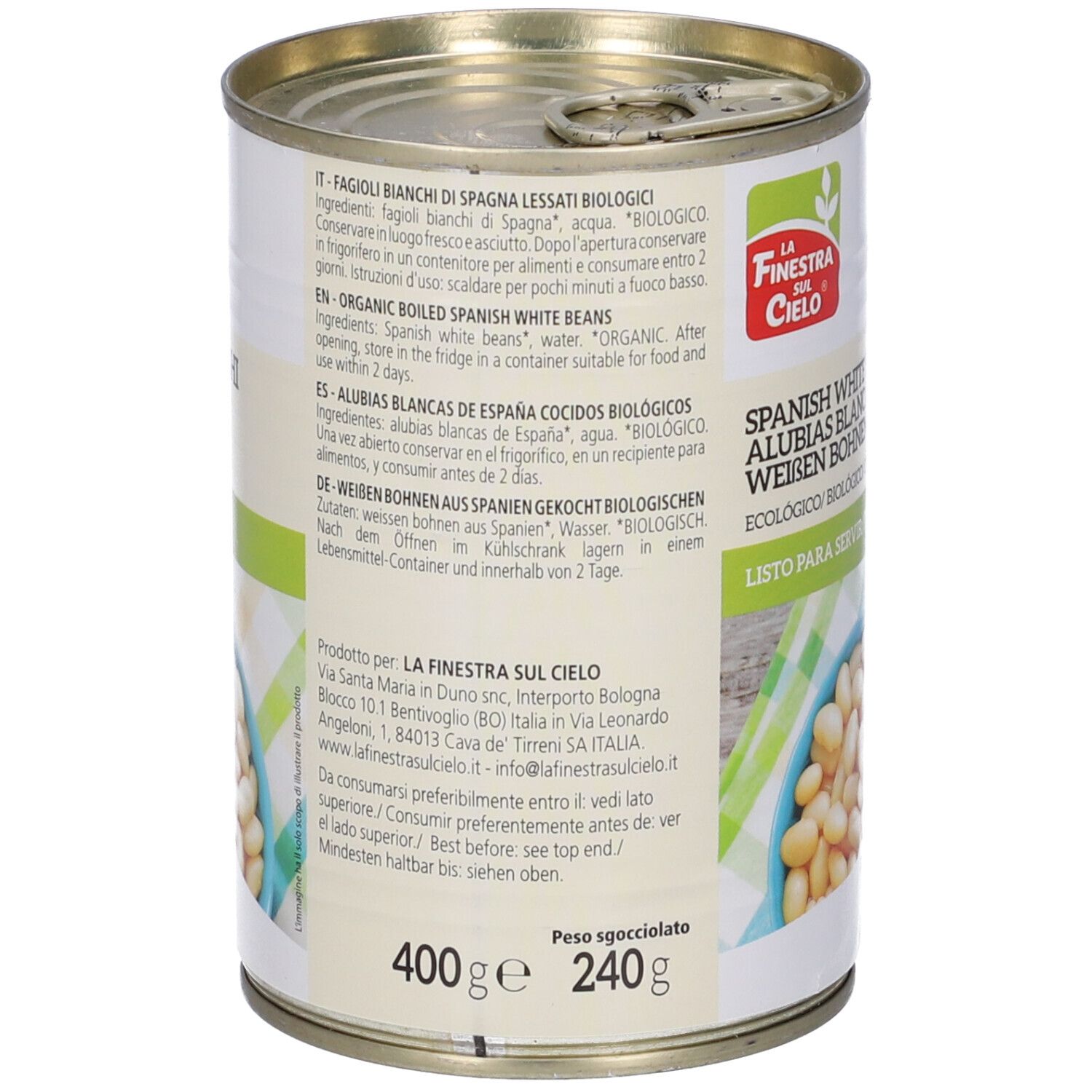 Retro di una lattina di fagioli bianchi. Testo multilingue. Informazioni sugli ingredienti e valori nutrizionali. Peso: 400g/240g.