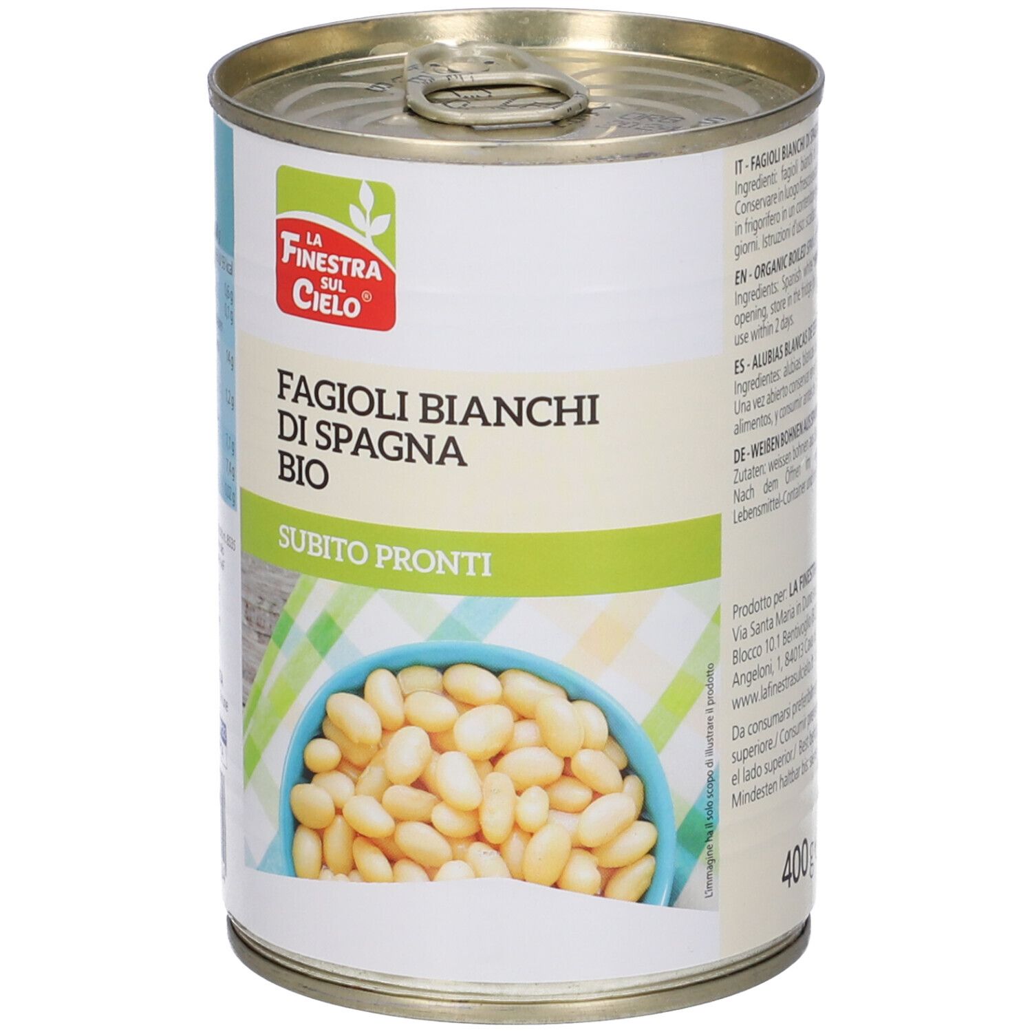 Lattina di fagioli bianchi. Scritta: Fagioli Bianchi di Spagna Bio, Subito Pronti. Logo La Finestra sul Cielo. 400g.