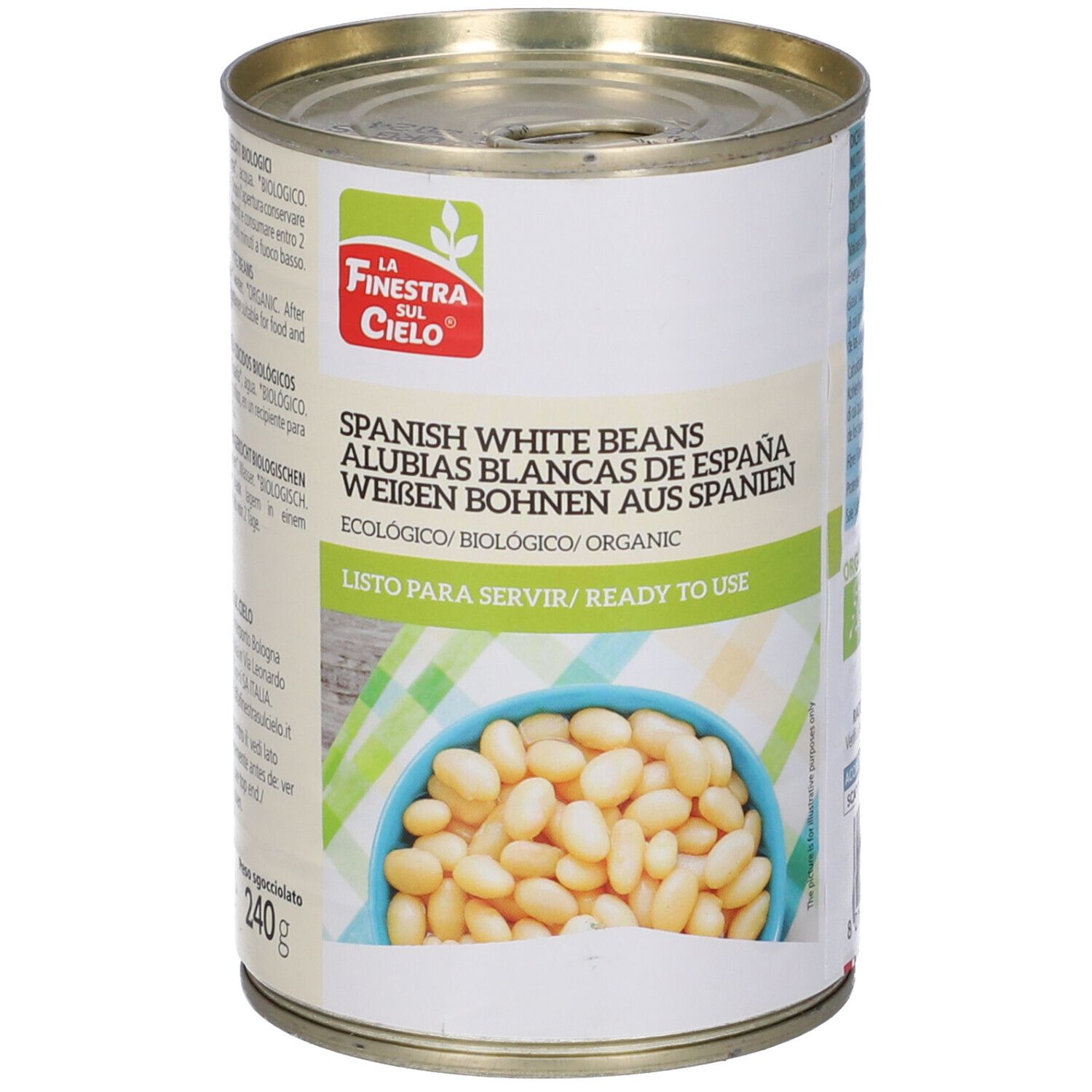 Lattina di fagioli bianchi. Scritta: Spanish white beans, Alubias blancas de España, Weiben Bohnen aus Spanien. Sigillo biologico.