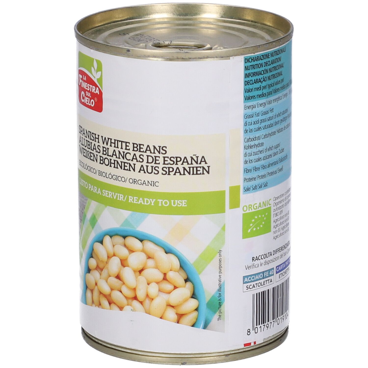 Lattina di fagioli bianchi. Scritta: Spanish white beans, Alubias blancas de España, Weiben Bohnen aus Spanien. Sigillo biologico.