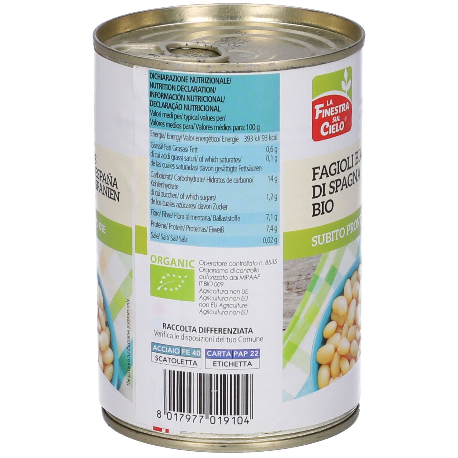 Retro di una lattina di fagioli bianchi. Informazioni sugli ingredienti e valori nutrizionali. Sigillo biologico. Istruzioni per il riciclo.