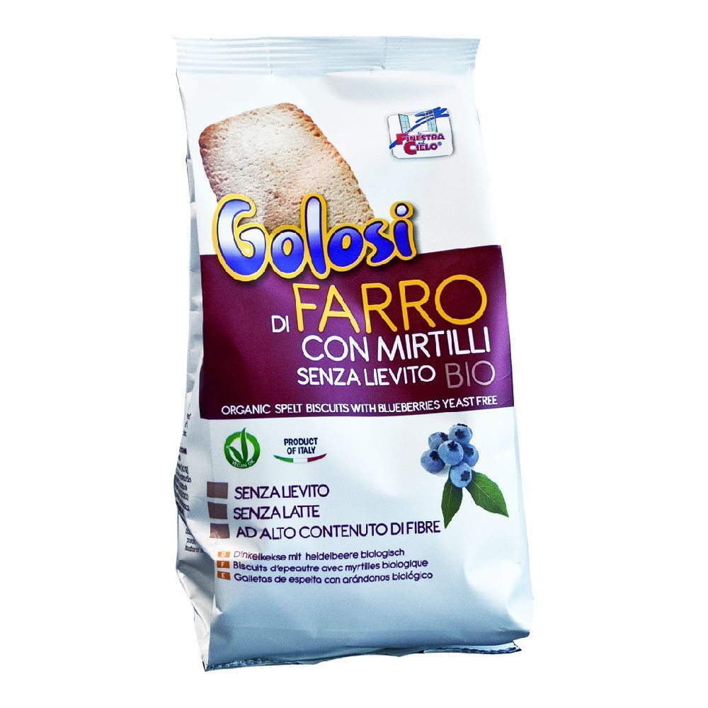 Confezione di biscotti 'Golosi di Farro con Mirtilli Bio'. Marchio e certificazione bio.