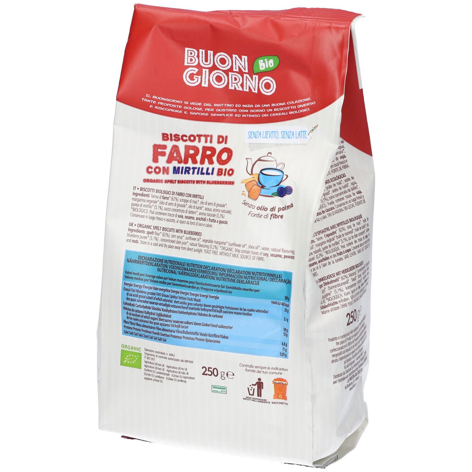 Confezione 'Buon Giorno i golosi'. Biscotti farro e mirtilli. Retro.