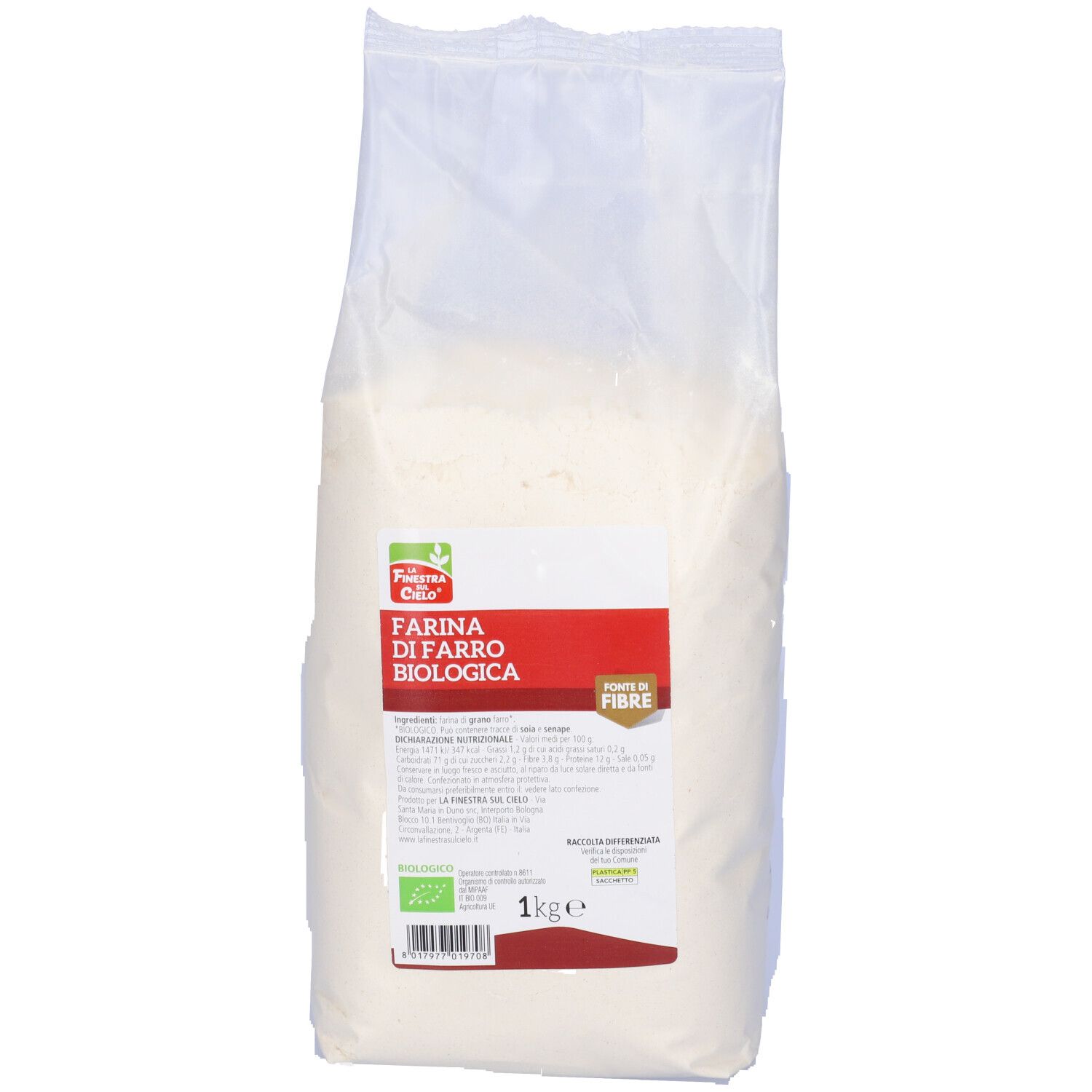 Sacchetto trasparente di farina. Stampa con nome del prodotto, informazioni nutrizionali e marchio bio. 1 kg.