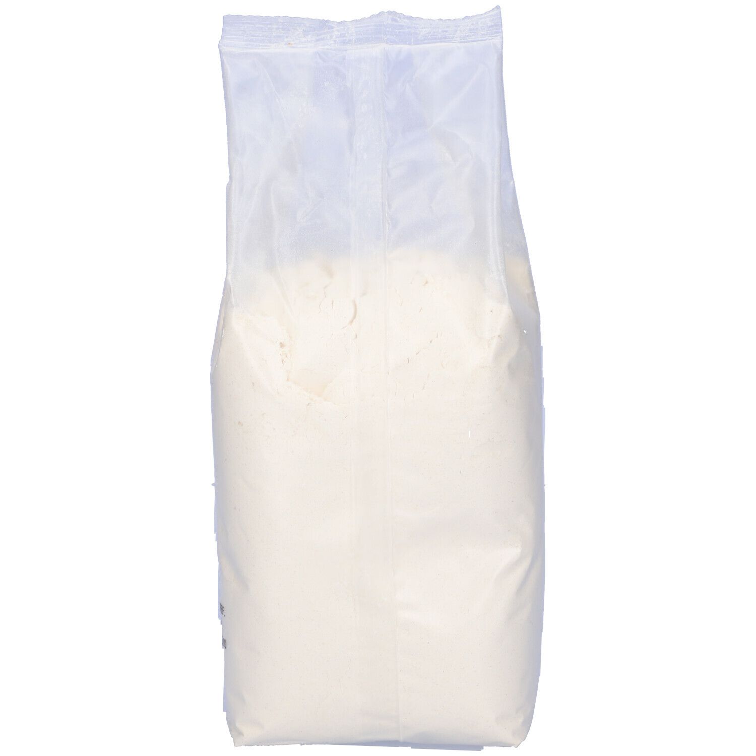 Sacchetto trasparente di farina. Scritte illeggibili. 1 kg.